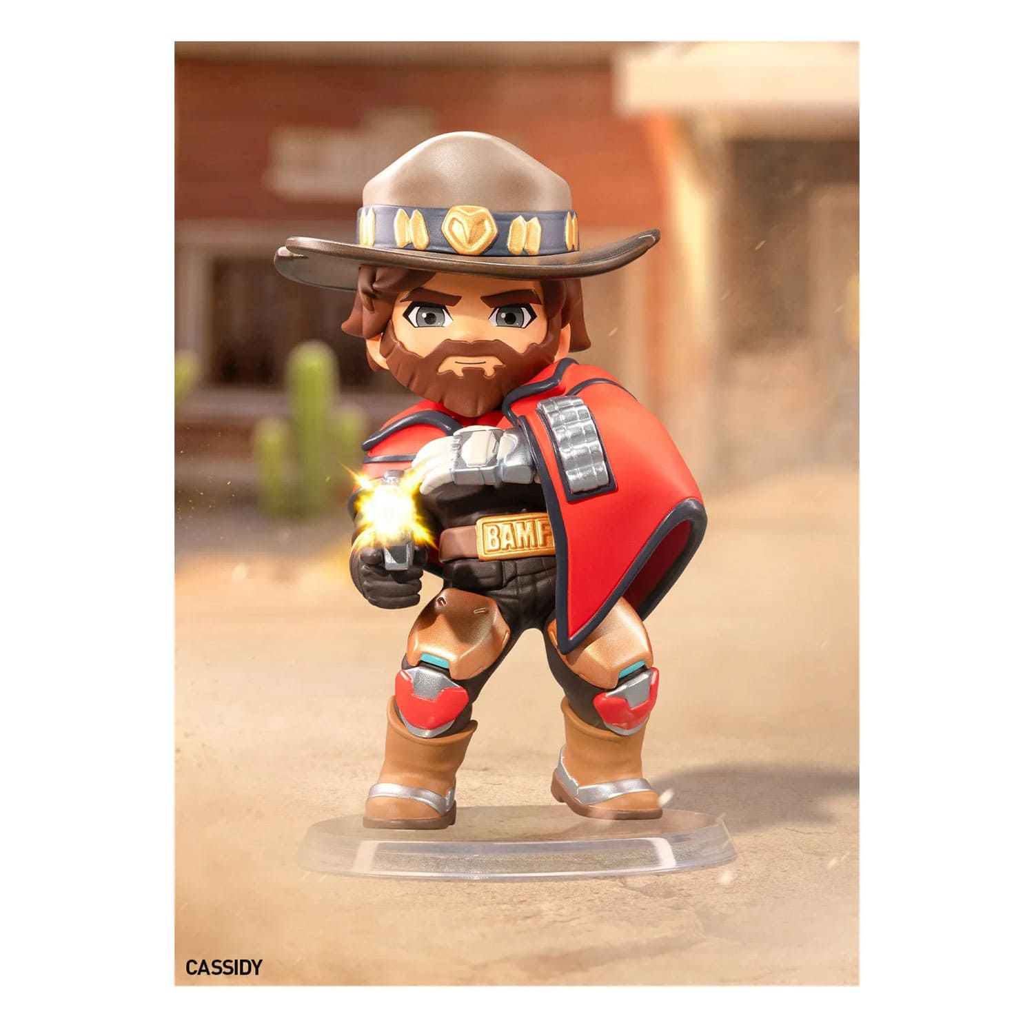 Die Blind Box POP MART Overwatch-Play-of-the-Game-Series Figurenbox mit der Figur Cassidy mit Pose und Karte.