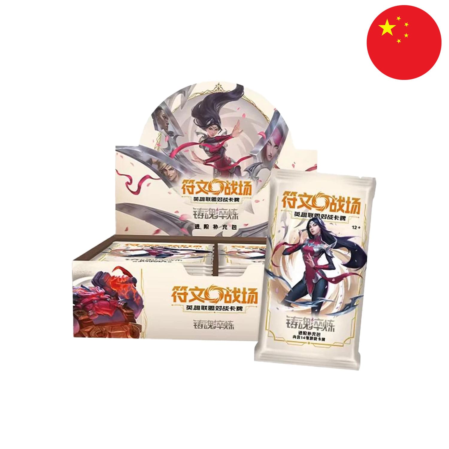 Das zweite LOL TCG chinese Riftbound Set: Spiritforged als Jumbo Display mit Irelia auf dem Cover.