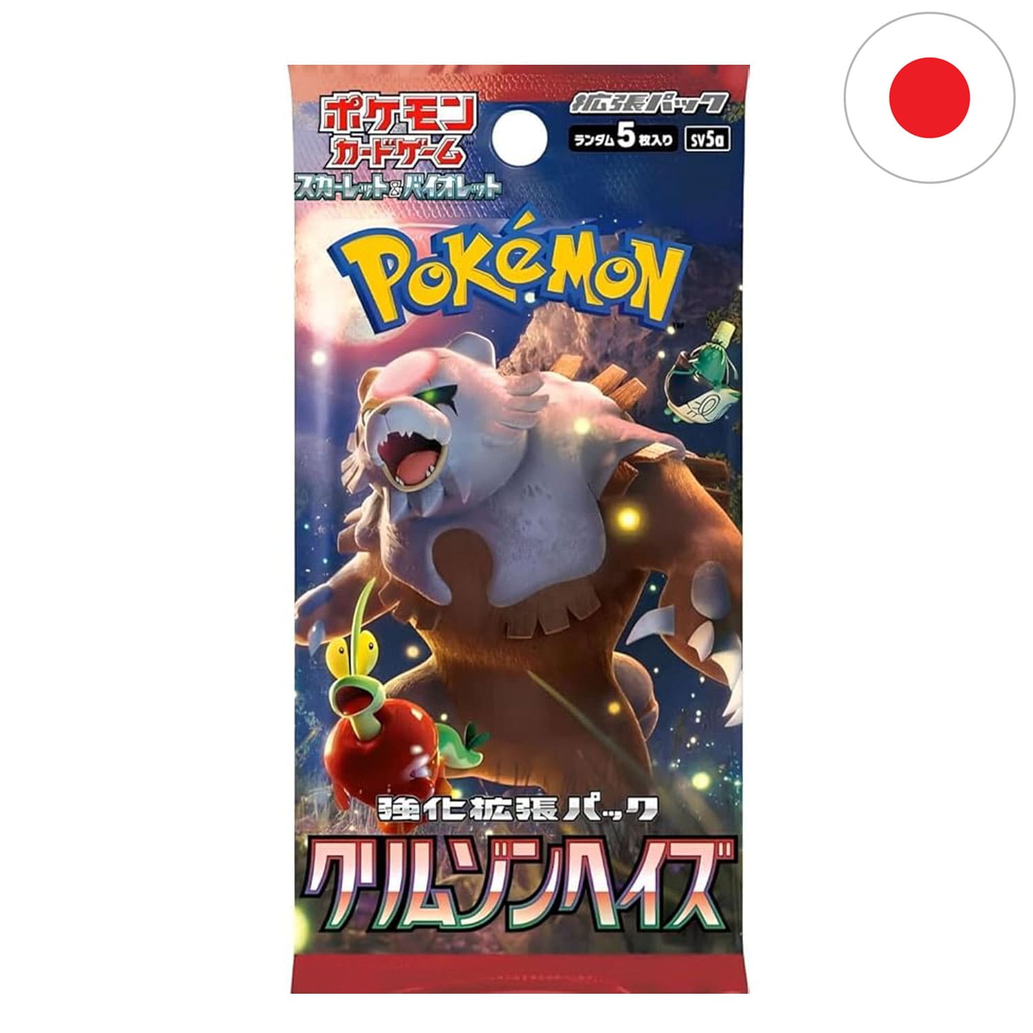 Das Pokemon Display Crimson Haze (SV5a) mit Ursaluna auf dem Cover, frontal & schräg, mit der Flagge Japans in der Ecke.