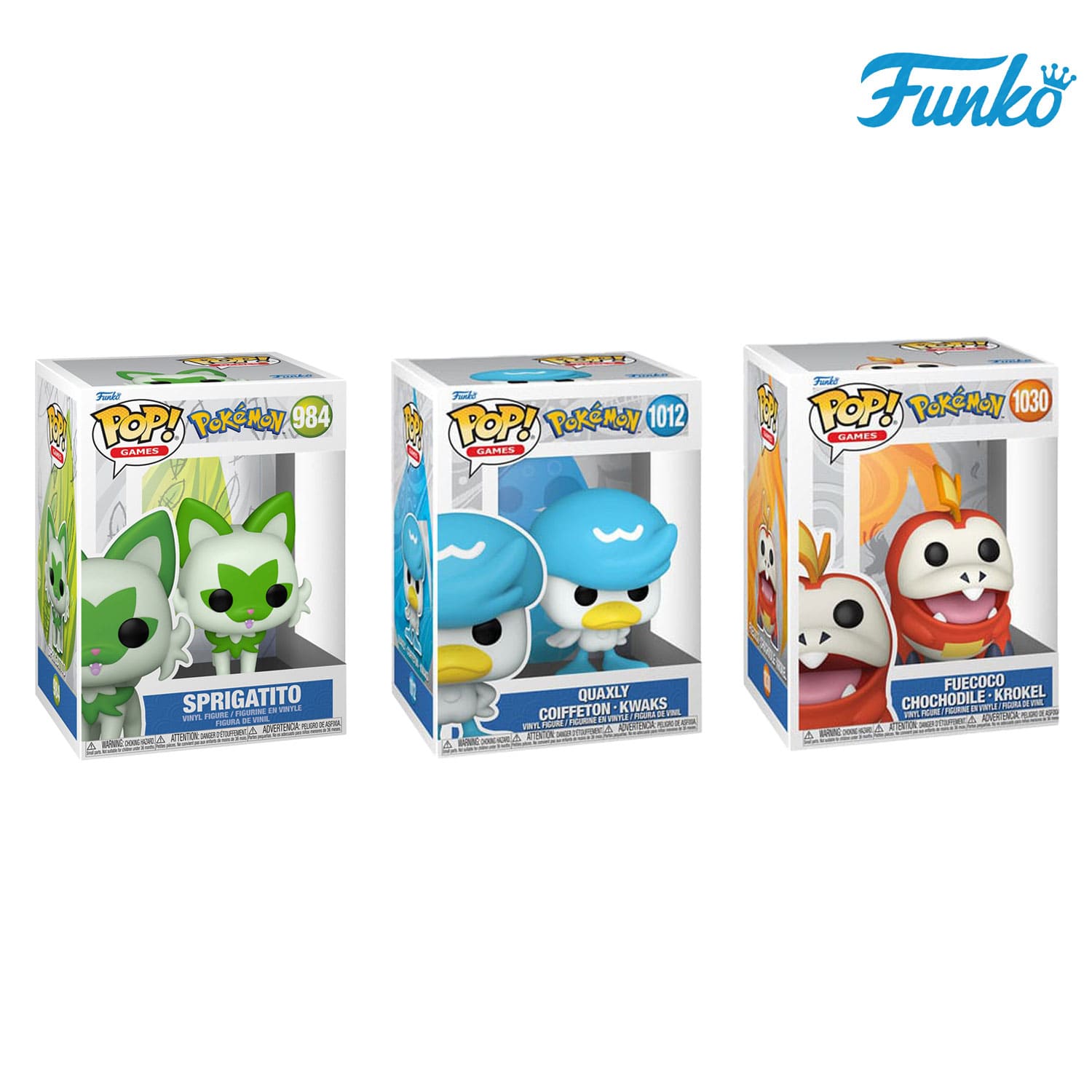 Die drei Pokémon Paldea Starter Sprigatito (984), Quaxly (1012) und Fuecoco (1030) aus dem Hause Funko POP! Games.