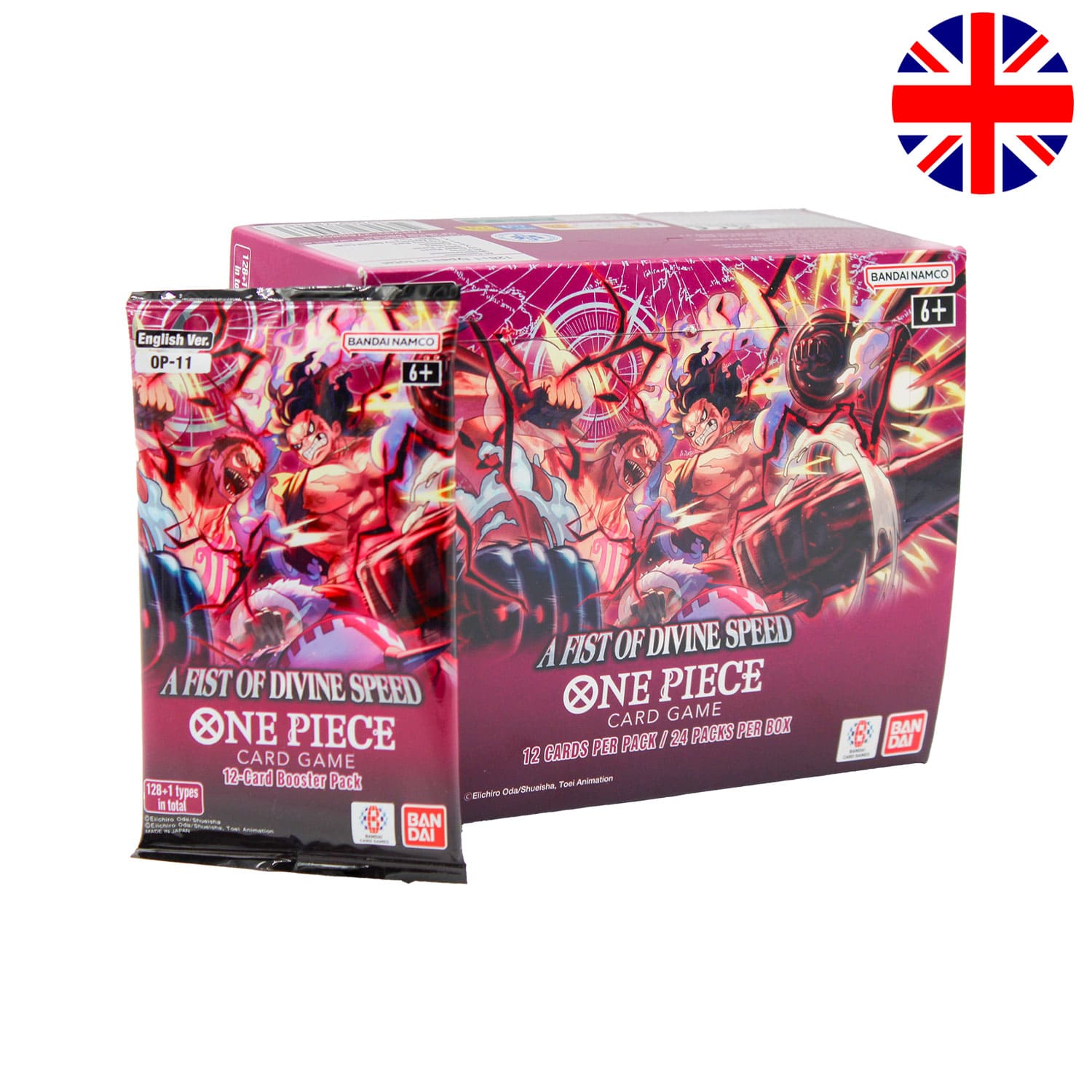Das englische One Piece Card Game Display A Fist of Divine Speed OP11 mit dem Boosterpack anliegend.