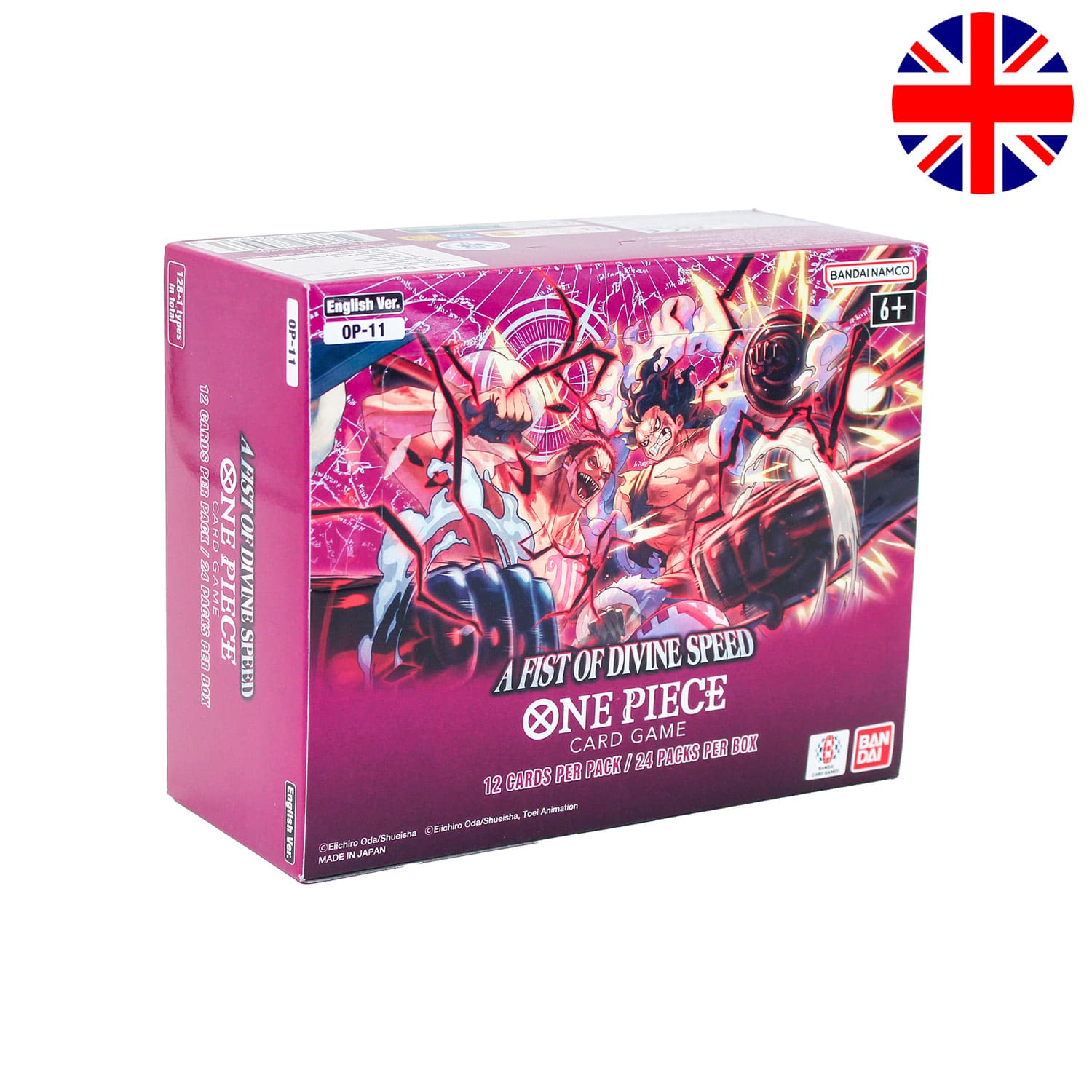 Das englische One Piece Card Game Display A Fist of Divine Speed OP11 mit Snakeman Ruffy und Katakuri.
