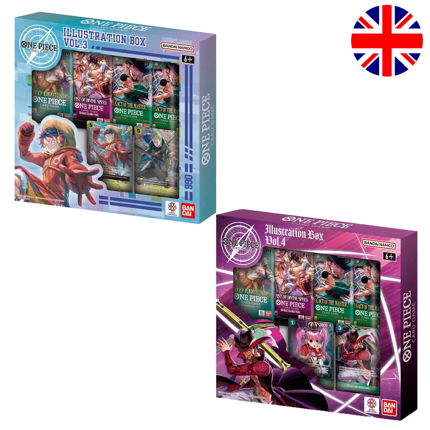 Neuste One Piece Illustration Box Vol.3 und 4 in Englisch von Bandai Card Games. Mit 4 Boosterpacks und 2 Promokarten.