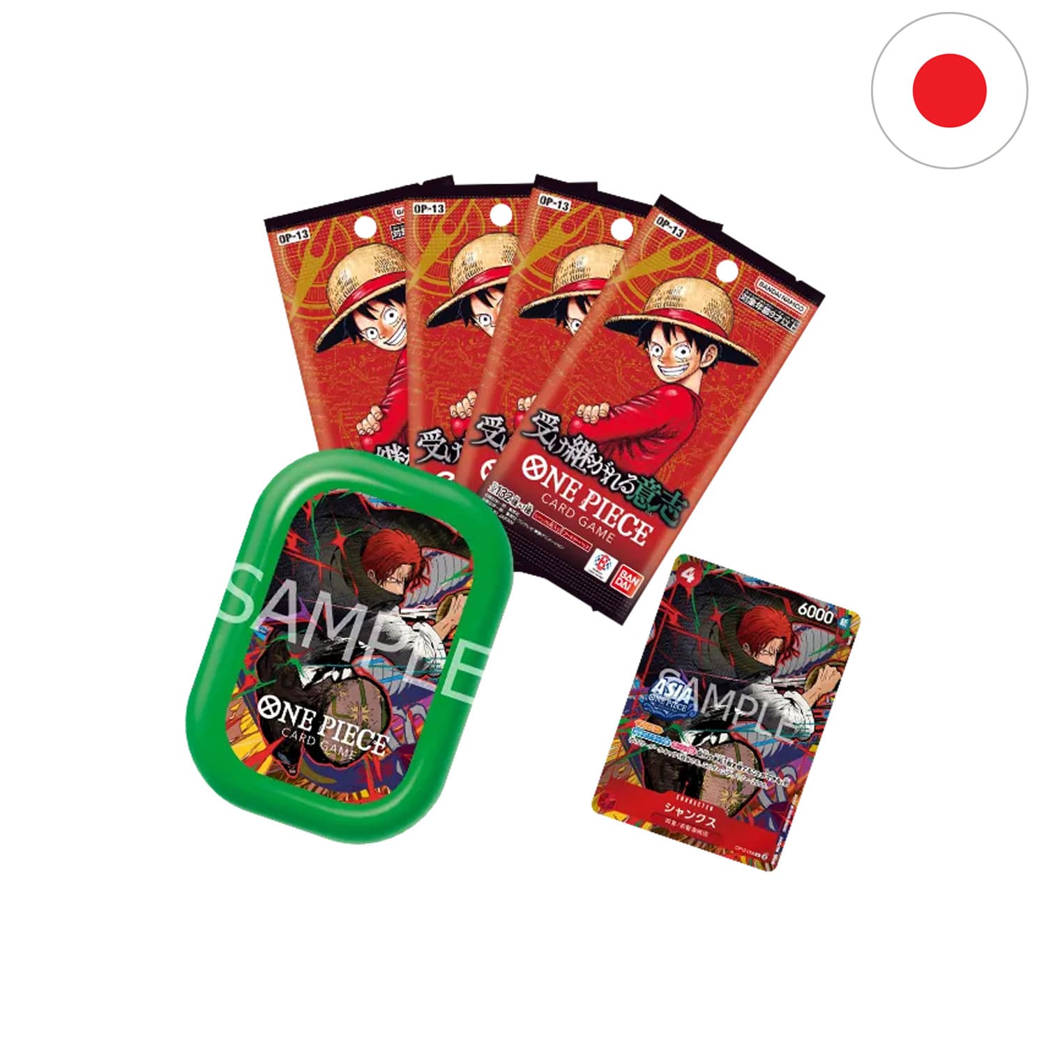Die japanische One Piece Card Game Mini Tin TS-03 only Asia mit Shanks Alt-Art OP12-008 Promokarte und 4 Boosterpacks.