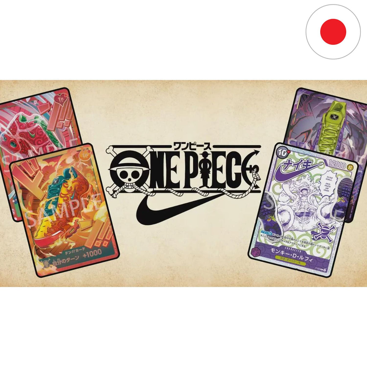 One Piece TCG x Nike Premium Card Collection Japanisch mit Monkey D. Luffy P-099, Gomu Gomu, Mera Mera und Ope Ope DON!
