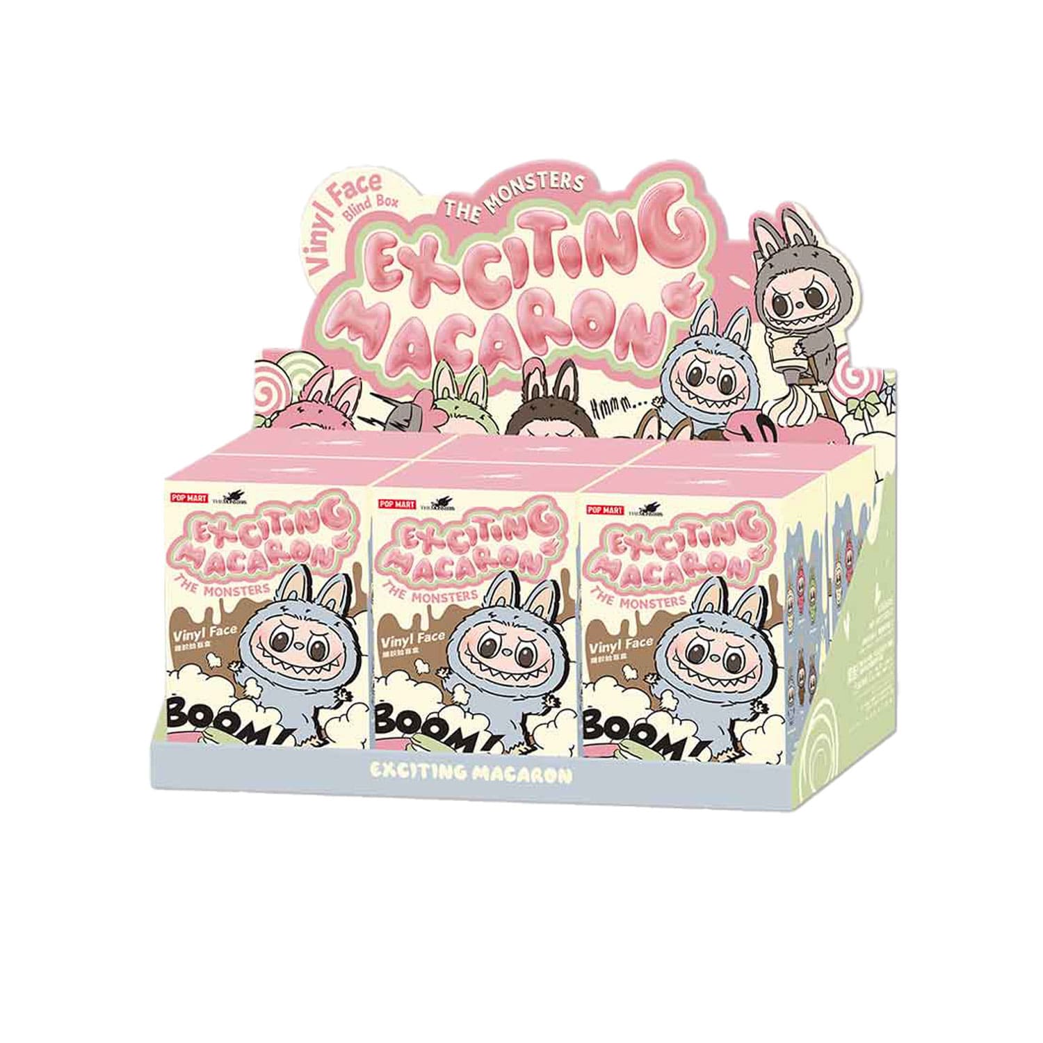 POP MART: Exciting Macaron the Monsters DIsplay Vinyl Face Plüschanhanger Labubu. Sechs Blindboxen im Karton.