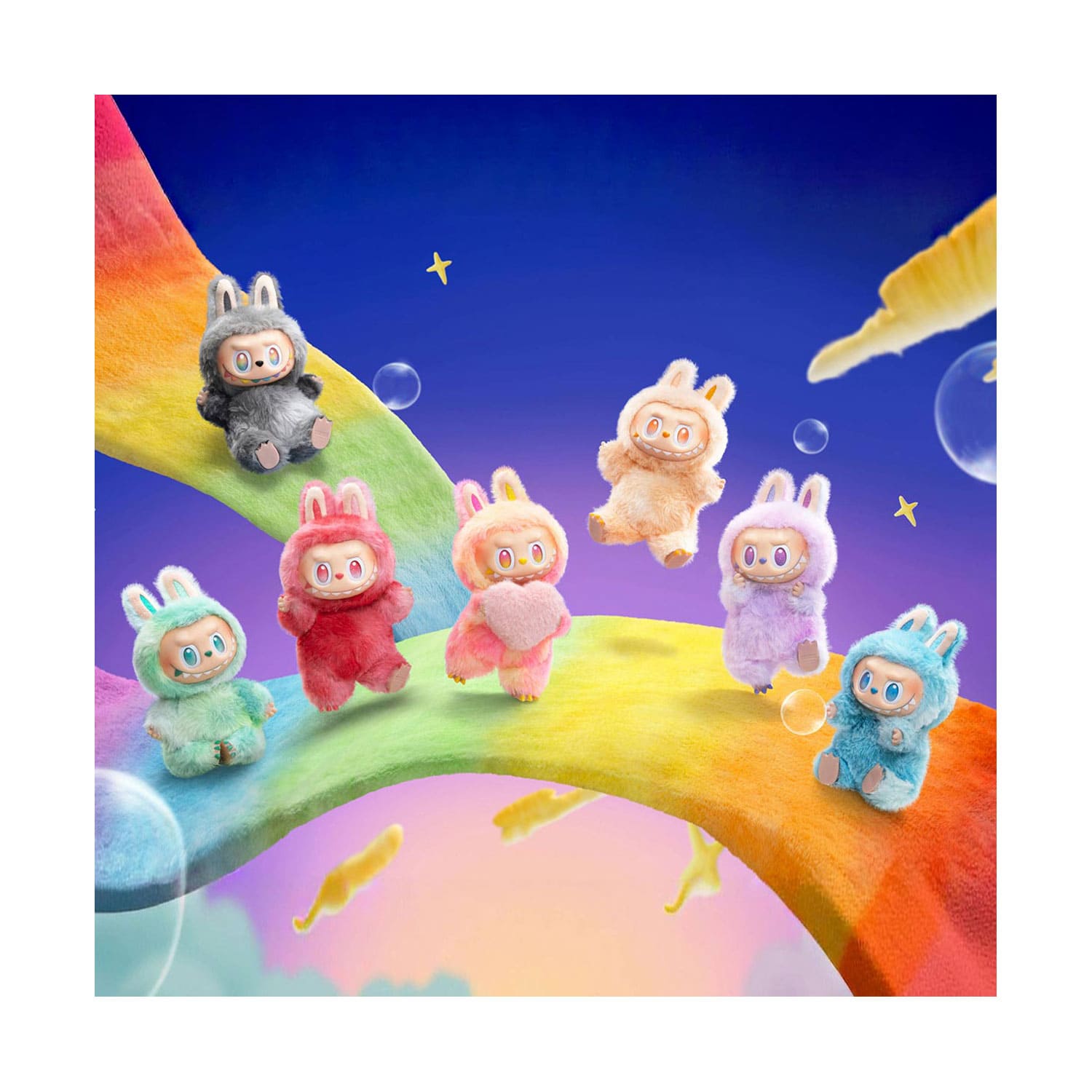 Die Labubu the Monsters Familie mit unterschiedlichen Emotionen, Love, Happiness, Loyalty, Serenity, Hope, Luck und ID.
