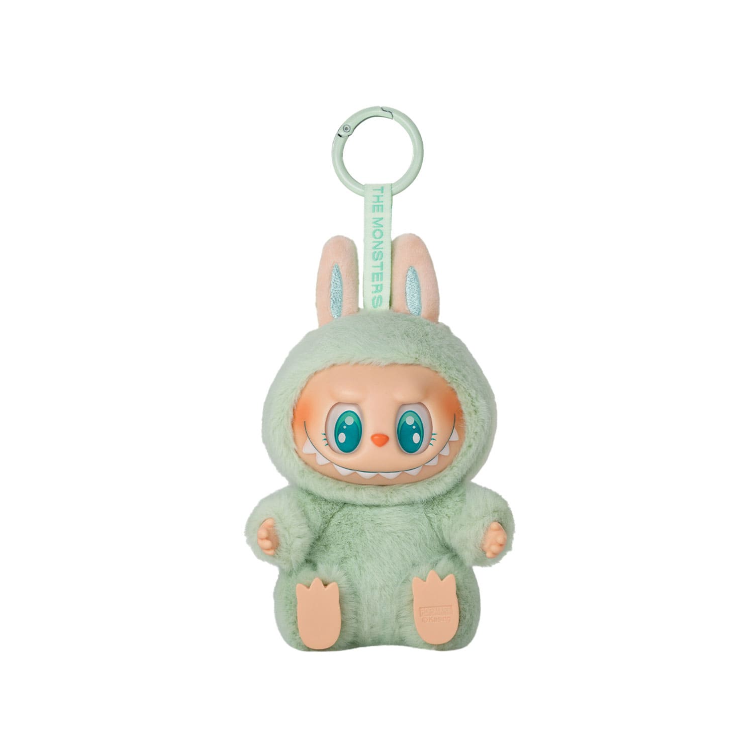 POP MART: Exciting Macaron the Monsters Vinyl Face ausgepackter Labubu QUQU in Mint Grün Farbe, mit spitzen Zähnen.