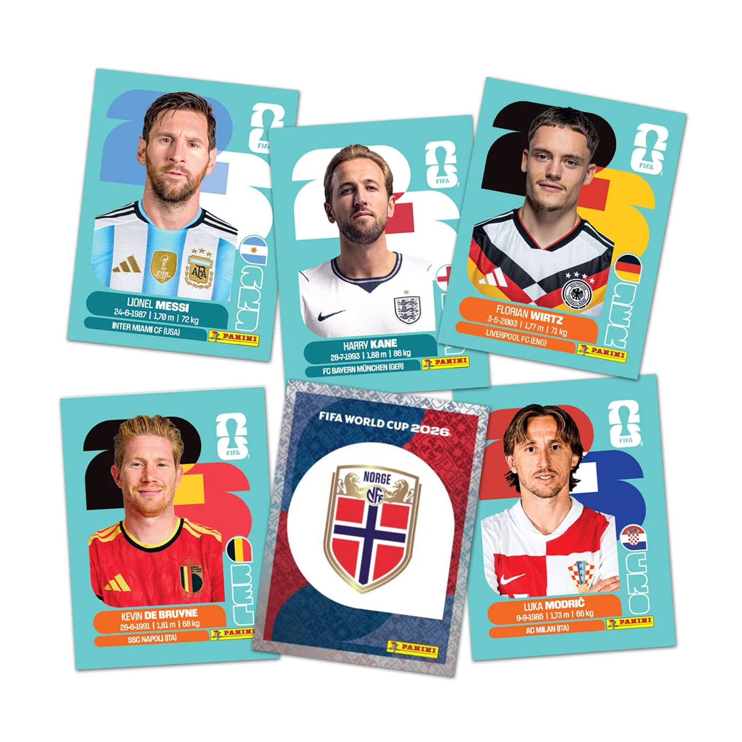 Panini FIFA World Cup 2026™ Spieler-Sticker: Lionel Messi, Harry Kane, Florian Wirtz, Kevin De Bruyne, Luka Modric.