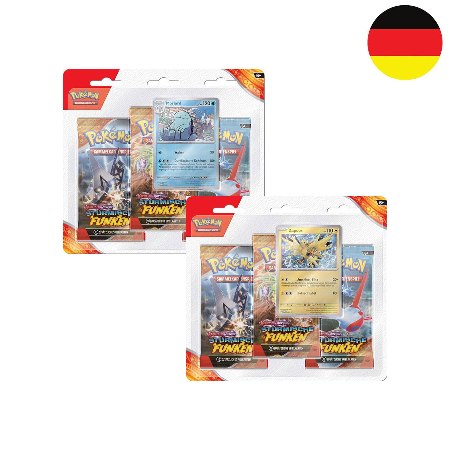 Die Pokémon 3-Pack Blister zu Stürmische Funken (KP08) mit Zapdos und Morlord und der Flagge Deutschlands.