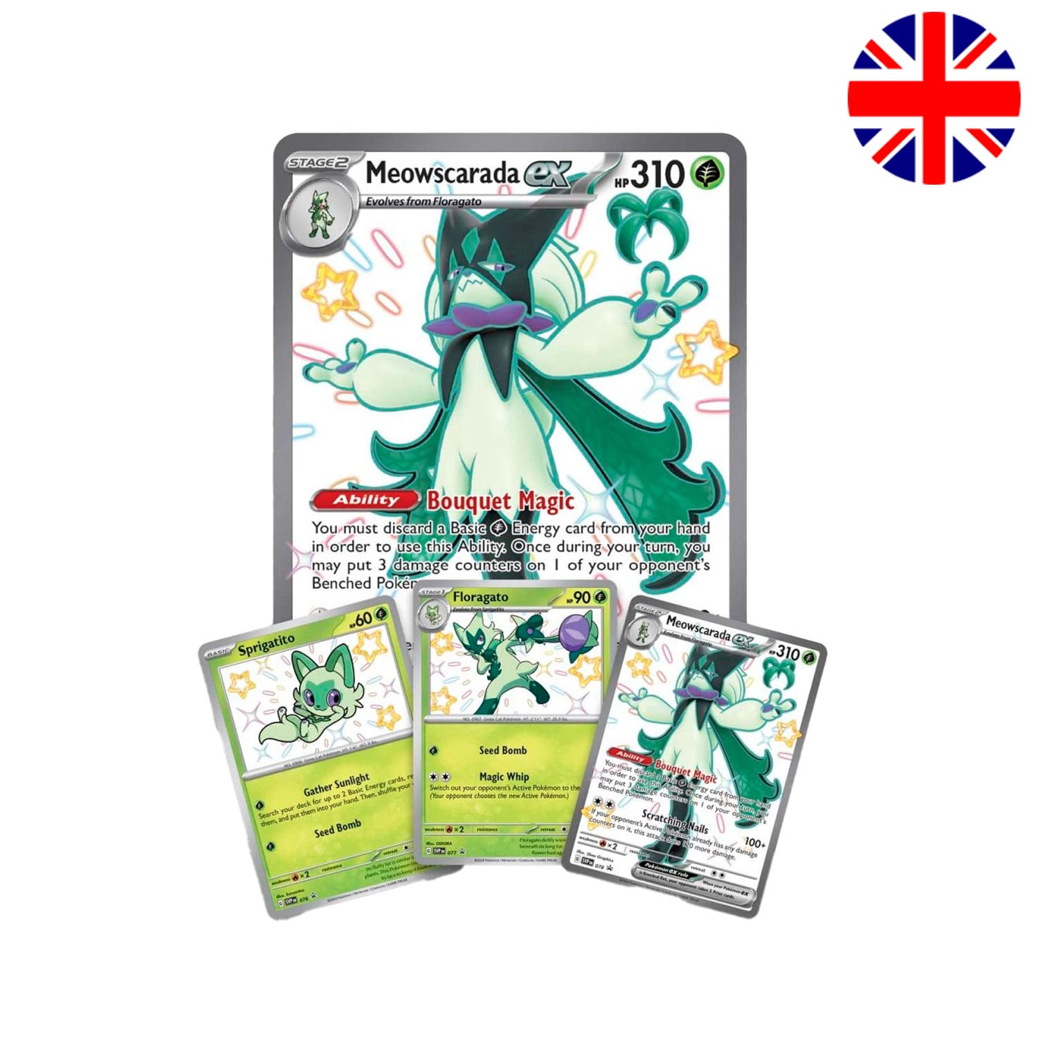 Pokémon Paldean Fates (PAF) englische Promo-Karten Mewoscarada ex SVP078, Floragato SVP079 und Felori SVP080.