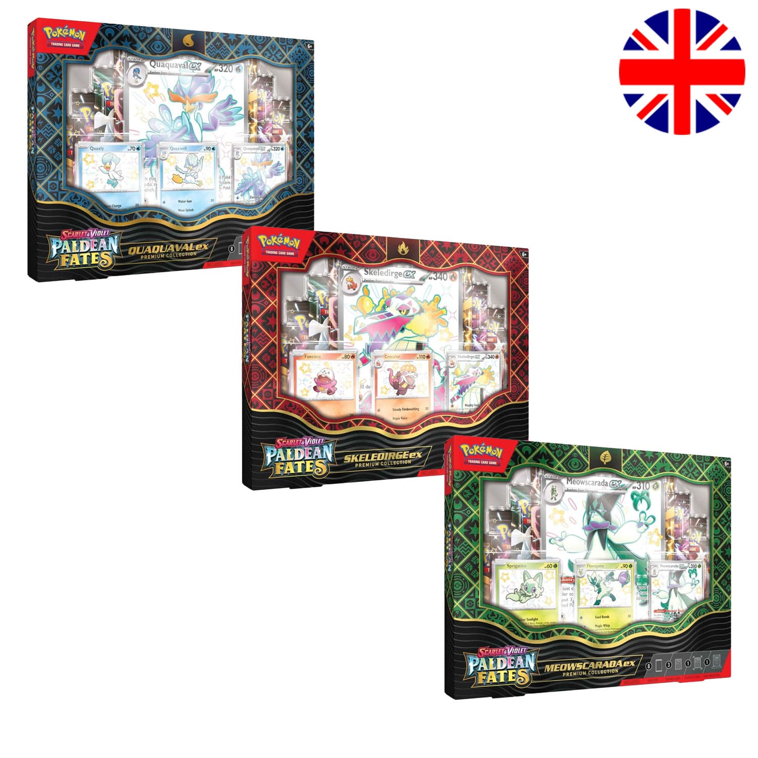 Pokémon Paldean Fates ex Premium Collection mit Mewoscarada ex, Skelokrok ex oder Bailonda ex, Promokarten und Boostern.