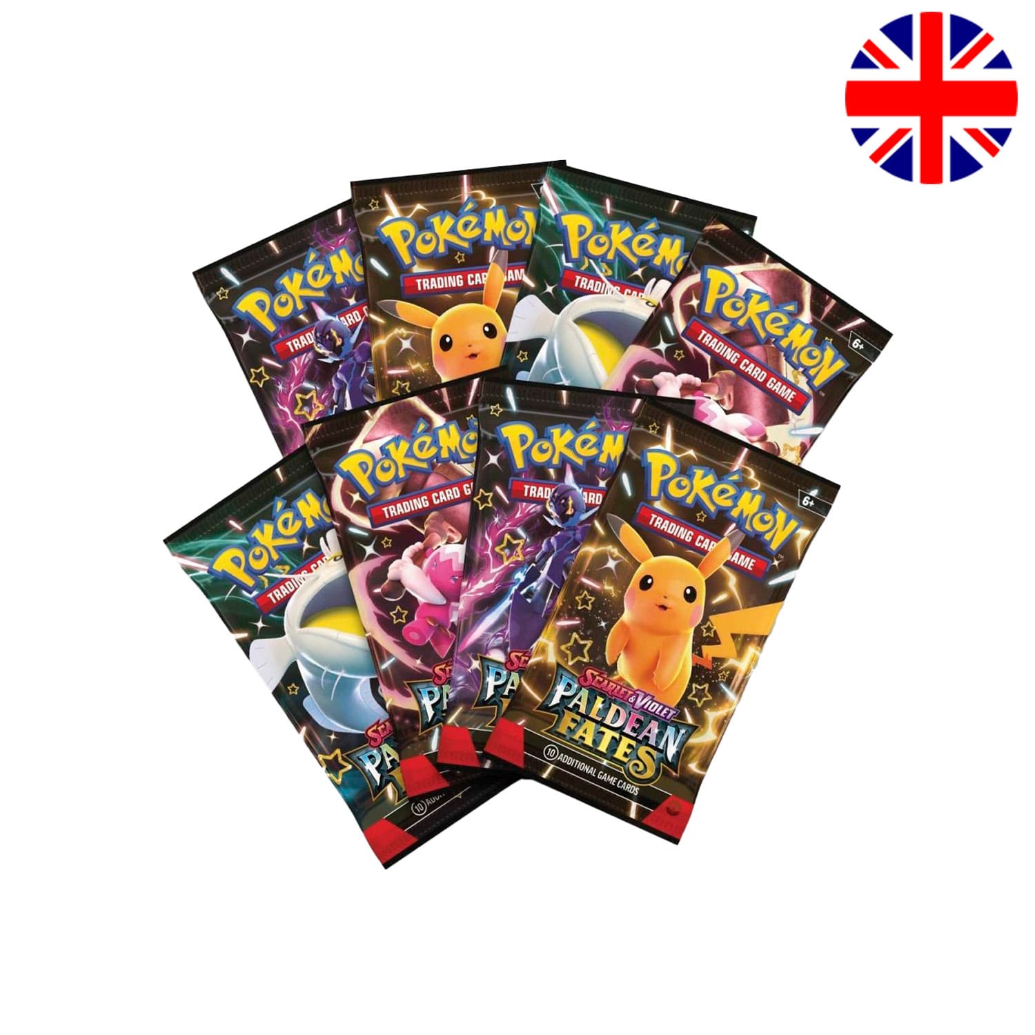 Englisches Boosterpack aus Pokémon Karmesin & Purpur – Paldean Fates (PAF) mit Pikachu als Cover-Pokémon.