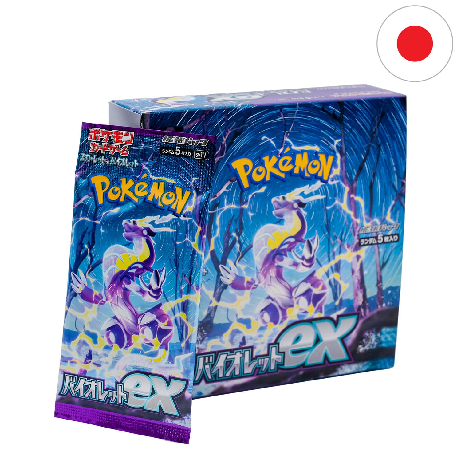 Das violette Pokémon Display "Violet EX" (SV1V) mit Miraidon auf dem Cover und dem Booster anliegend auf japanisch.