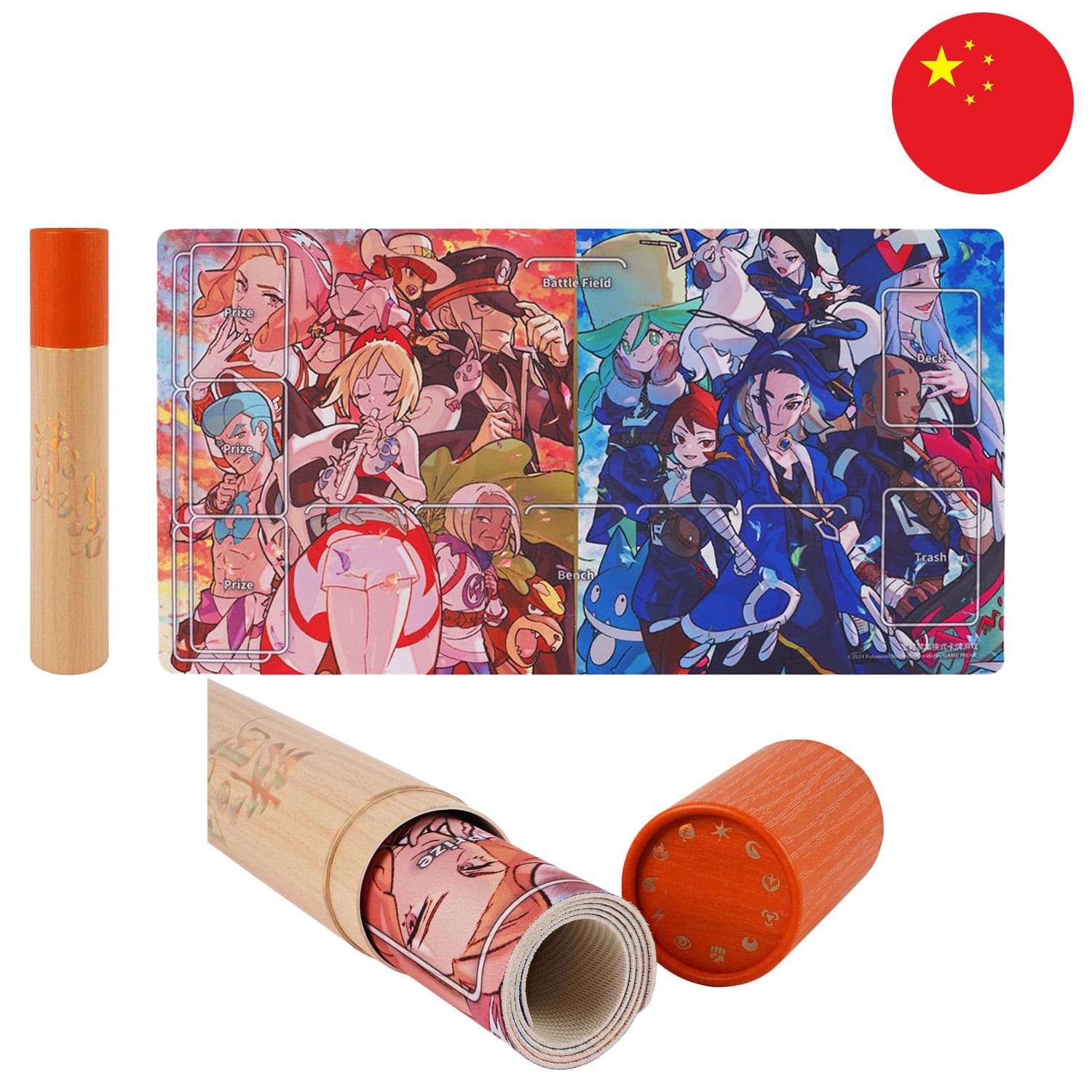 Die Spielmatte & Aufbewahrungsröhre der Pokemon Geschenkbox Diamant & Perl (CSOH1), mit der Flagge Chinas in der Ecke.