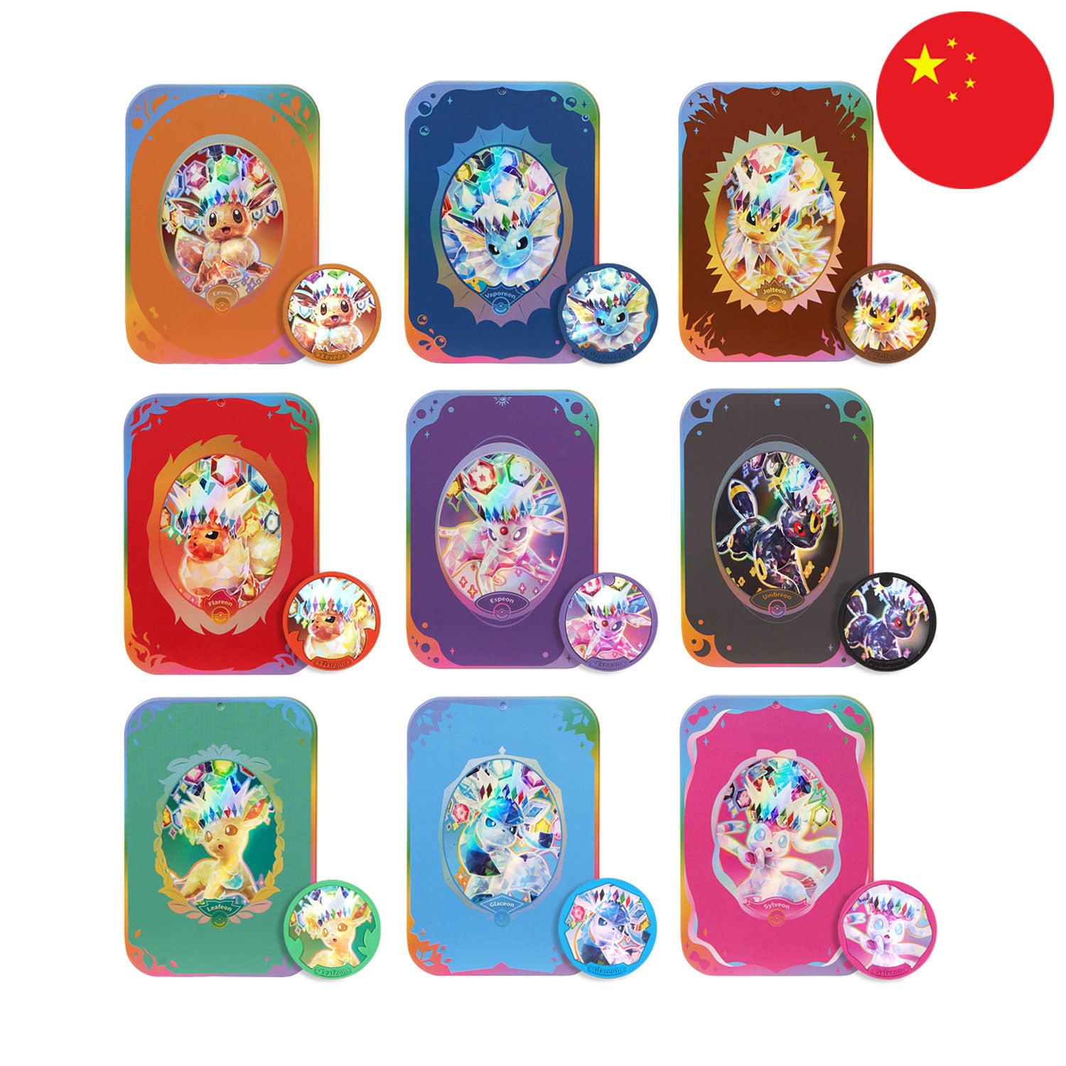 Pokémon Blooming Legends Gift Box Tin Set CSV9.5 mit Eevee, Vaporeon, Jolteon, Flareon, Espeon, Umbreon, Leafeon, Sylveon.