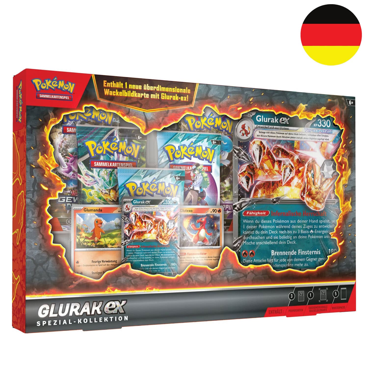 Die neue Pokemon Charizard-ex Spezial-Kollektion, mit drei Promokarten, Charmander und Charmeleon und 5 Boosterpacks.