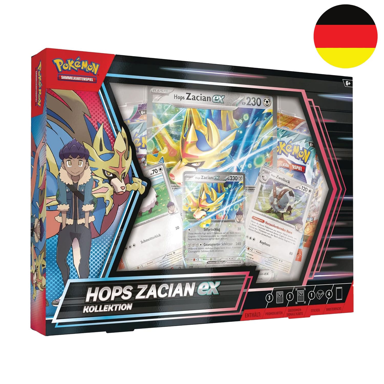 In der deutschen Pokemon Hops Zacian ex Kollektion, erhalten Sammler drei Promokarten, Reisegefährten und Boosterpack.