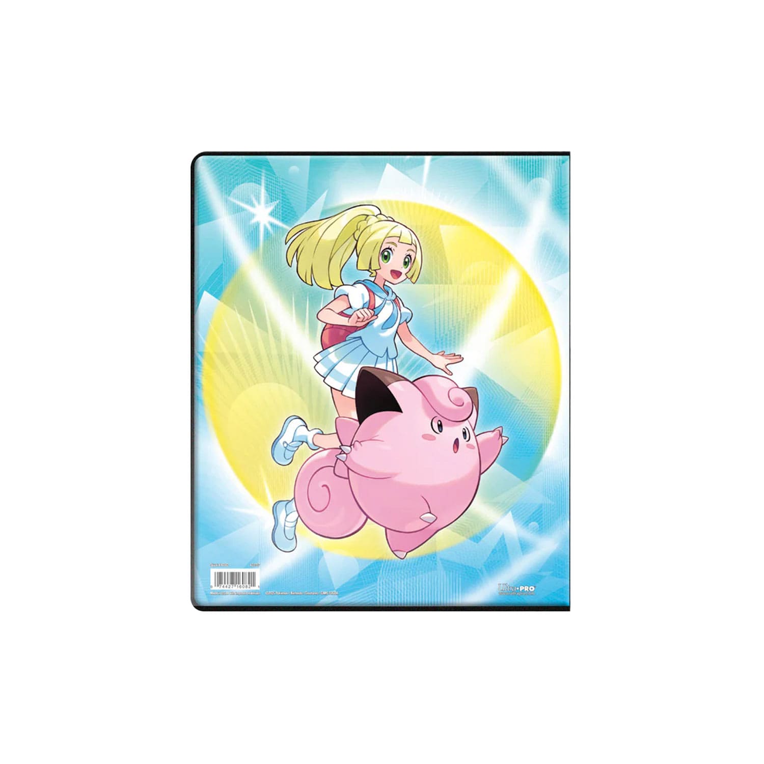 Rückseite vom Pokémon Reisegefährten 9 Pocket Kartenordner mit Lilly und Piepi in Blau von Ultra Pro.