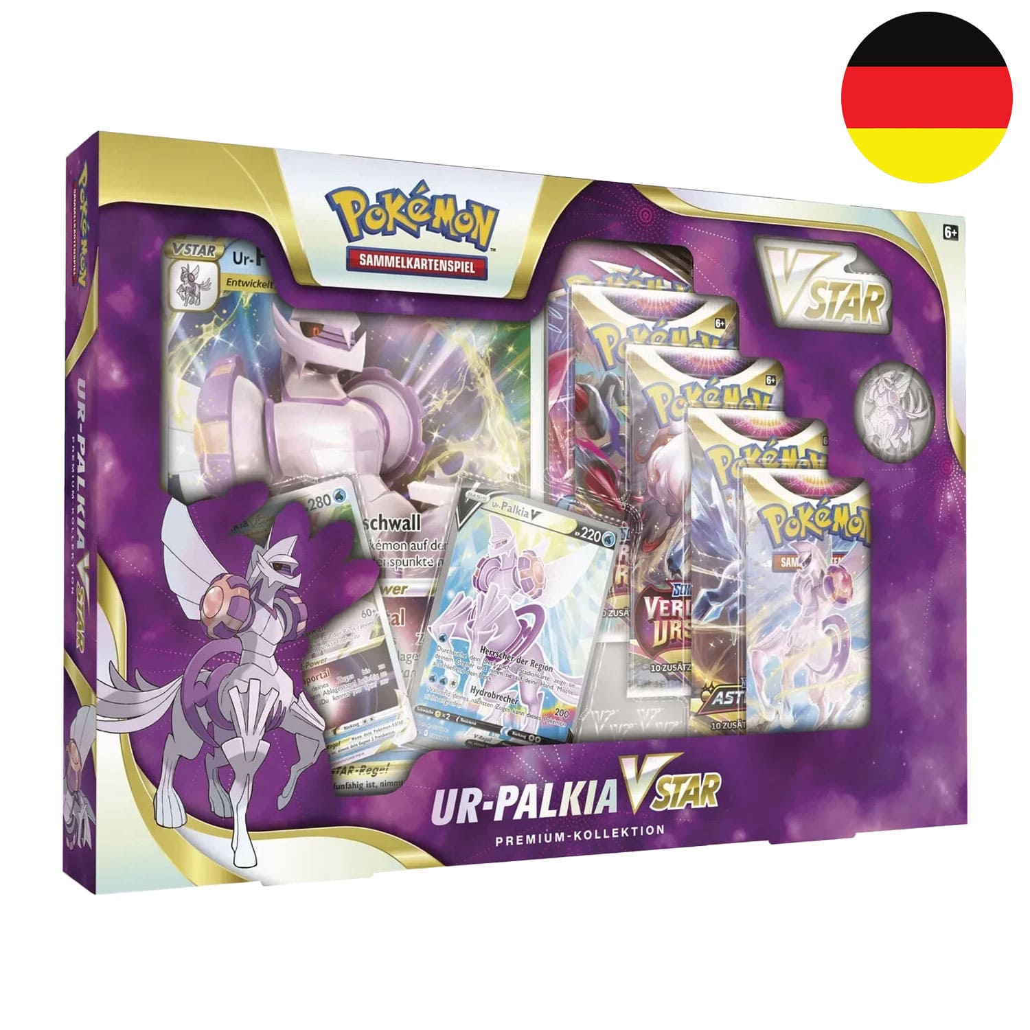 Die Pokémon Palkia VSTAR Premium Kollektion dreht sich rund um das legendäre Pokémon Palkia, in deutscher Ausführung.