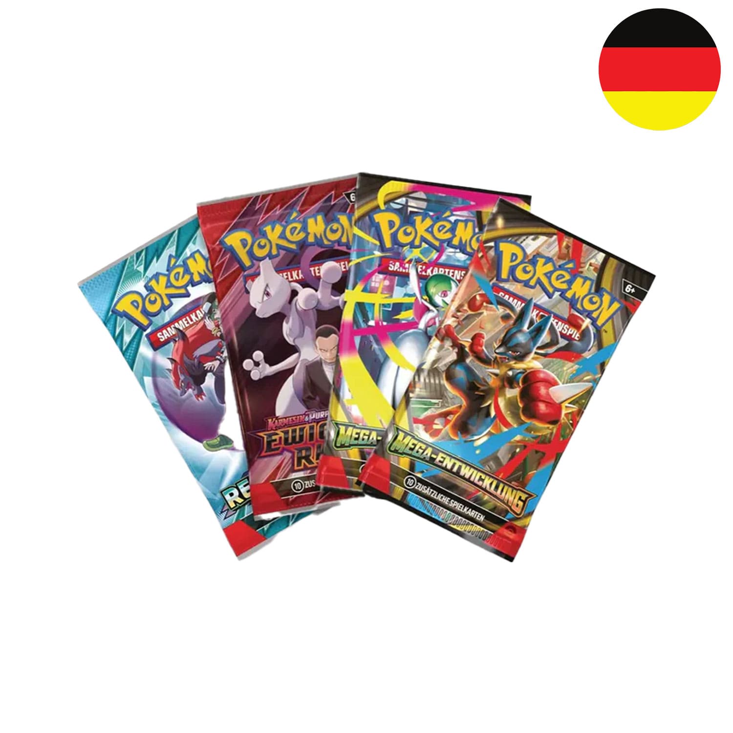 Pokémon Boosterpacks Deutsch:
Reisegefährten, Ewige Rivalen 2x MEGA Entwicklungen mit 10 Sammelkarten je Pack.