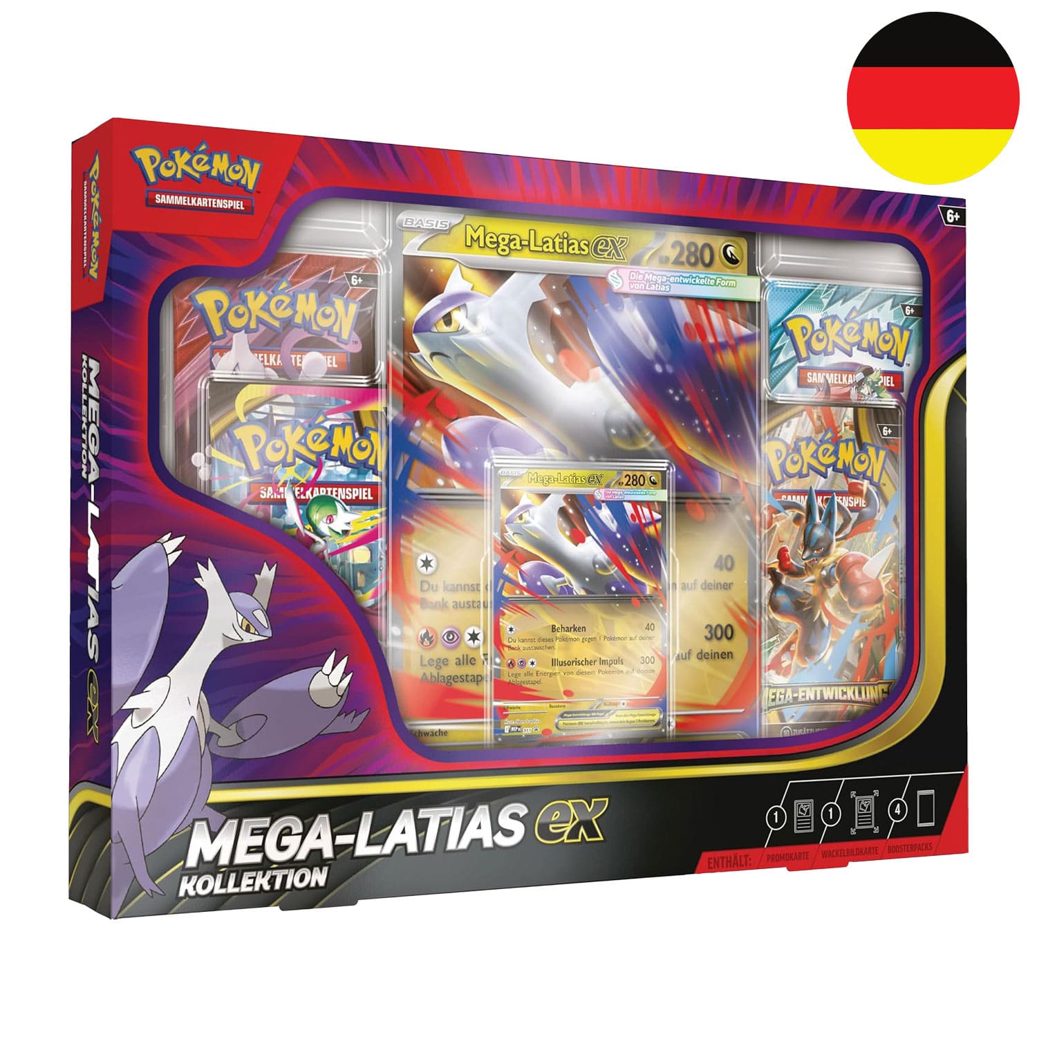Die deutsch Pokémon MEGA Latias-ex Kollektion aus dem MEGA Entwicklungen Set. Mit 4 Boosterpacks und einer Holokarte.