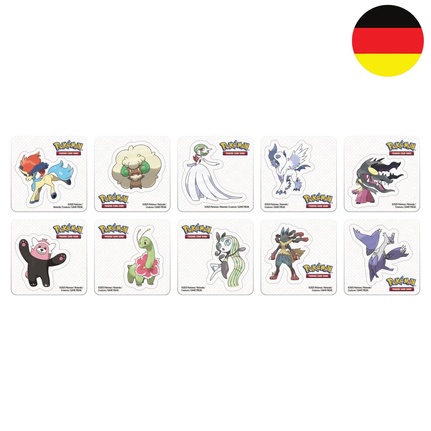 Pokémon Pokeball Tin Box 2025 Stickerbogen mit: Keldeo, MEGA Guardevoir, MEGA Absol, MEGA Lucario und MEGA Latias.
