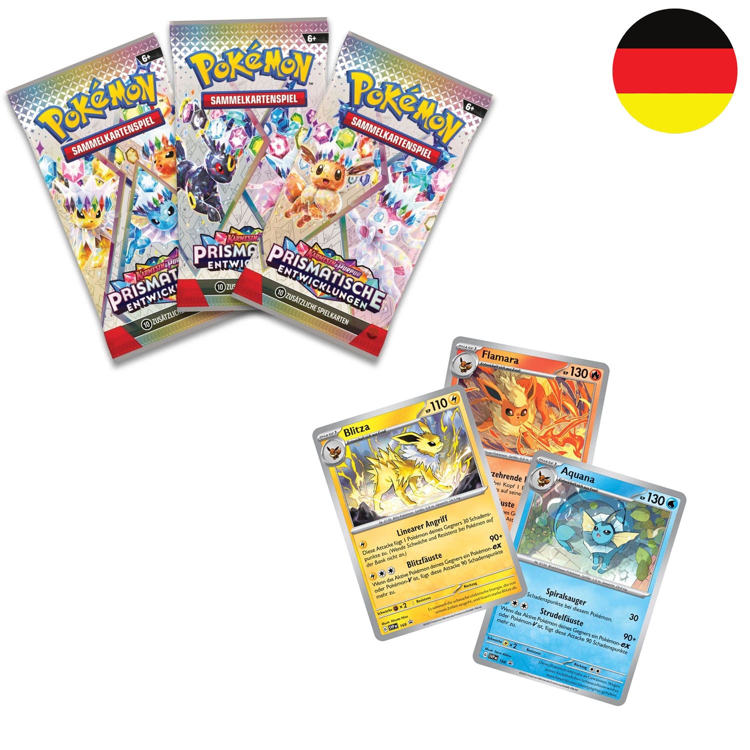 Die Promokarten Flamara, Aquana & Blitza und die Booster von Prismatische Entwicklungen KP08.5 auf deutsch.