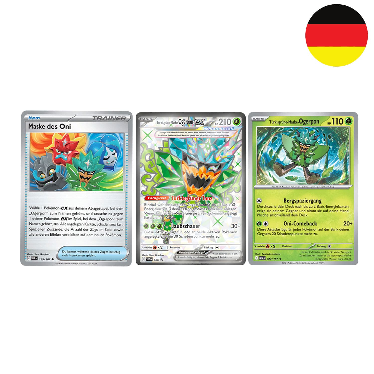 Drei Pokemon Promokarten mit Türkisgrüne-Maske Ogerpon und die Trainerkarte Maske des Oni.