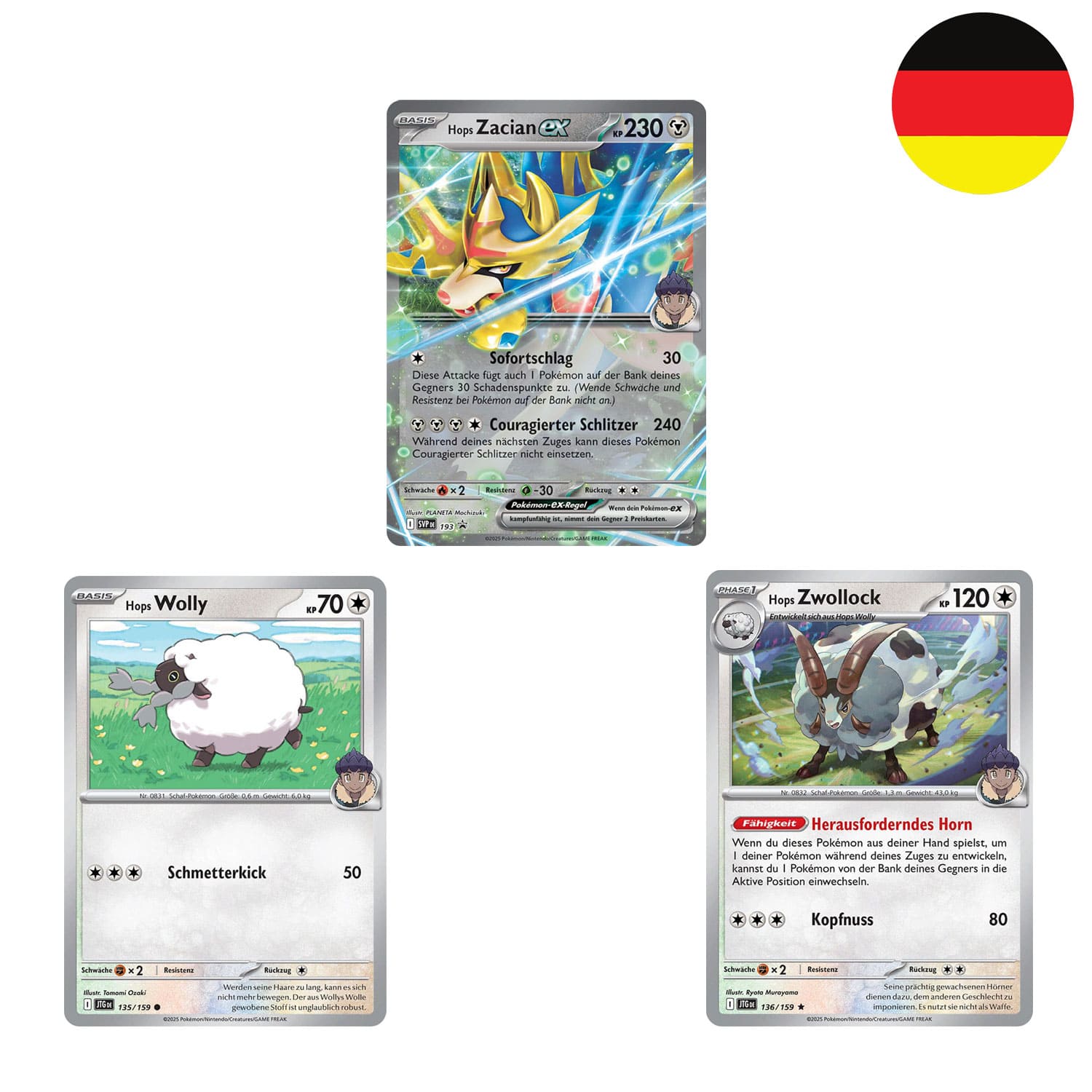 Die drei holografischen Pokemon Promokarten mit Zacian ex, Wolly und Zwollock von Trainer Hop. Mit einer Giant Card.