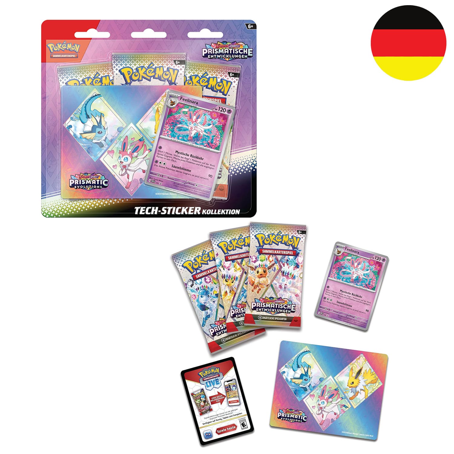 Der Inhalt der Feelinara Pokémon Tech-Sticker-Kollektion Prismatische Entwicklungen KP08.5 auf deutsch.
