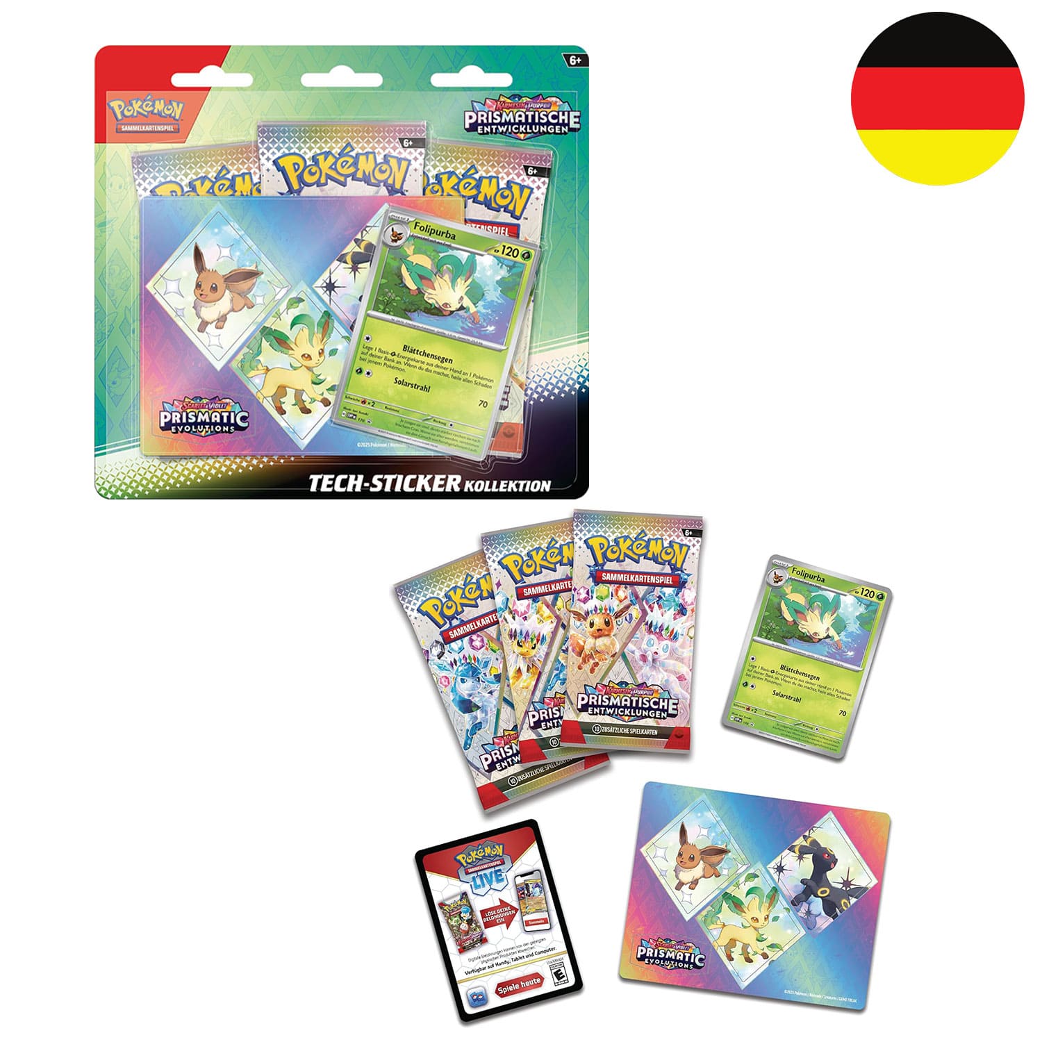 Der Inhalt der Folipurba Pokémon Tech-Sticker-Kollektion Prismatische Entwicklungen KP08.5 auf deutsch.
