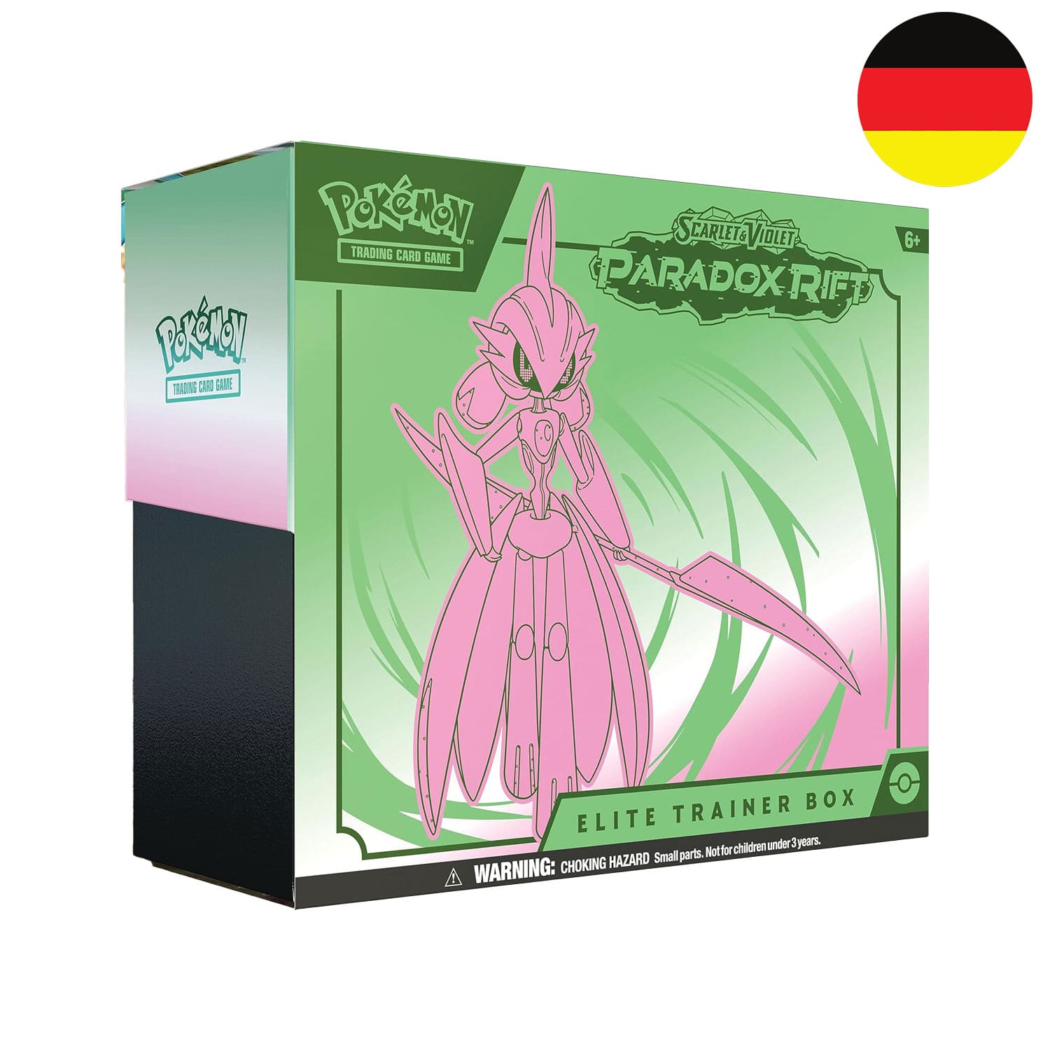 Die Pokemon Elite Trainer Box Paradoxrift SV04 mit Eisenkrieger darauf, aus Scarlet und Violet, mit 9 Boosterpacks.