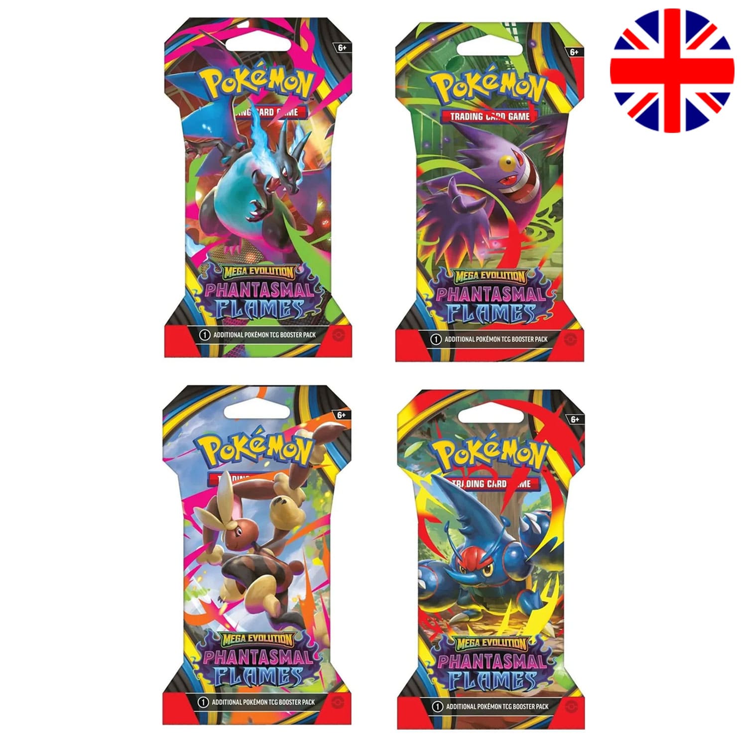 Englische Pokemon TCG Phantasmal Flame Boosterpacks mit Mega Glurak X, Gengar, Lopunny und Skaraborn als Cover.