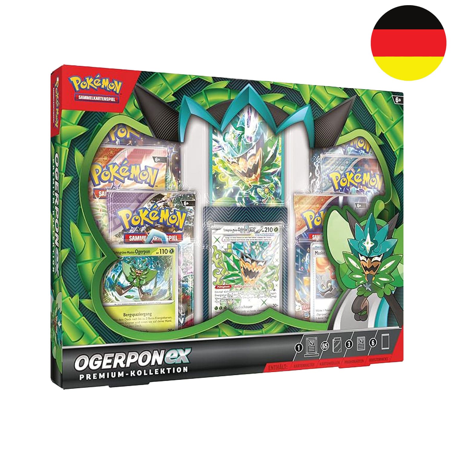 Die Pokemon Premium Kollektion mit dem Masken-Pokemon Ogerpon aus Karmesin und Purpur, mit Sleeves und 6 Boosterpacks.