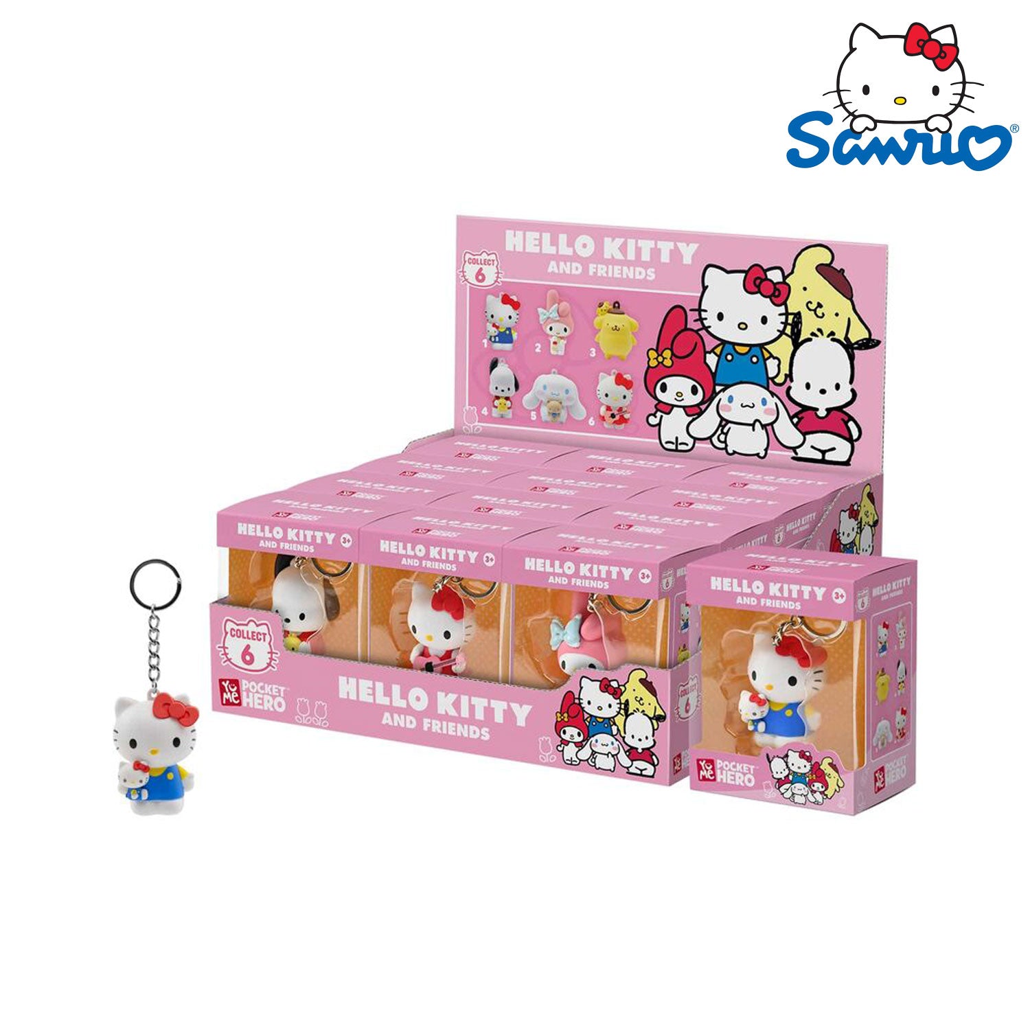 Das YuMe Toys Sanrio Keychain Figuren Display für Hello Kitty and Friends Pocket Hero Serie. 6x Figuren insgesamt.