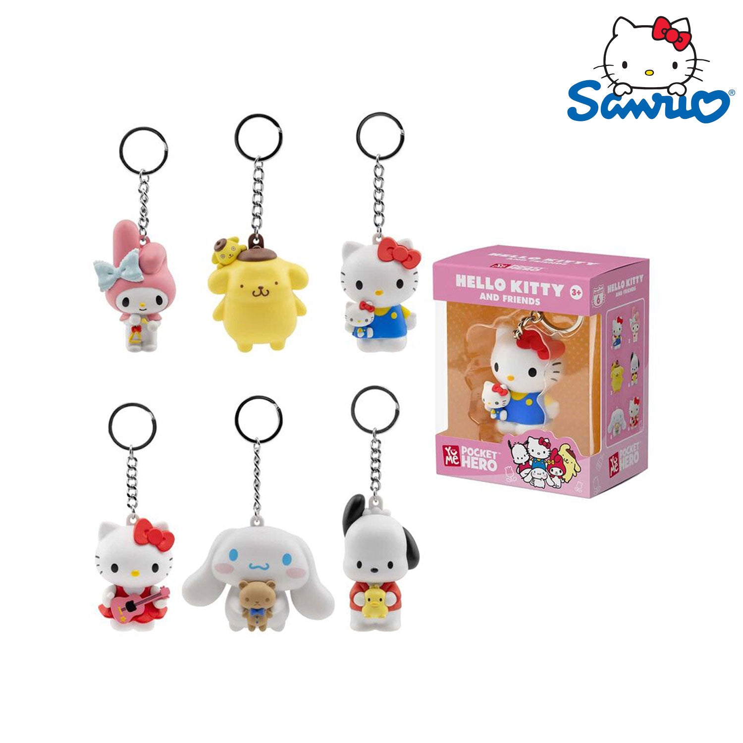 Das YuMe Toys Sanrio Keychain Figuren Display für Hello Kitty and Friends Pocket Hero Serie. 6x Figuren insgesamt.