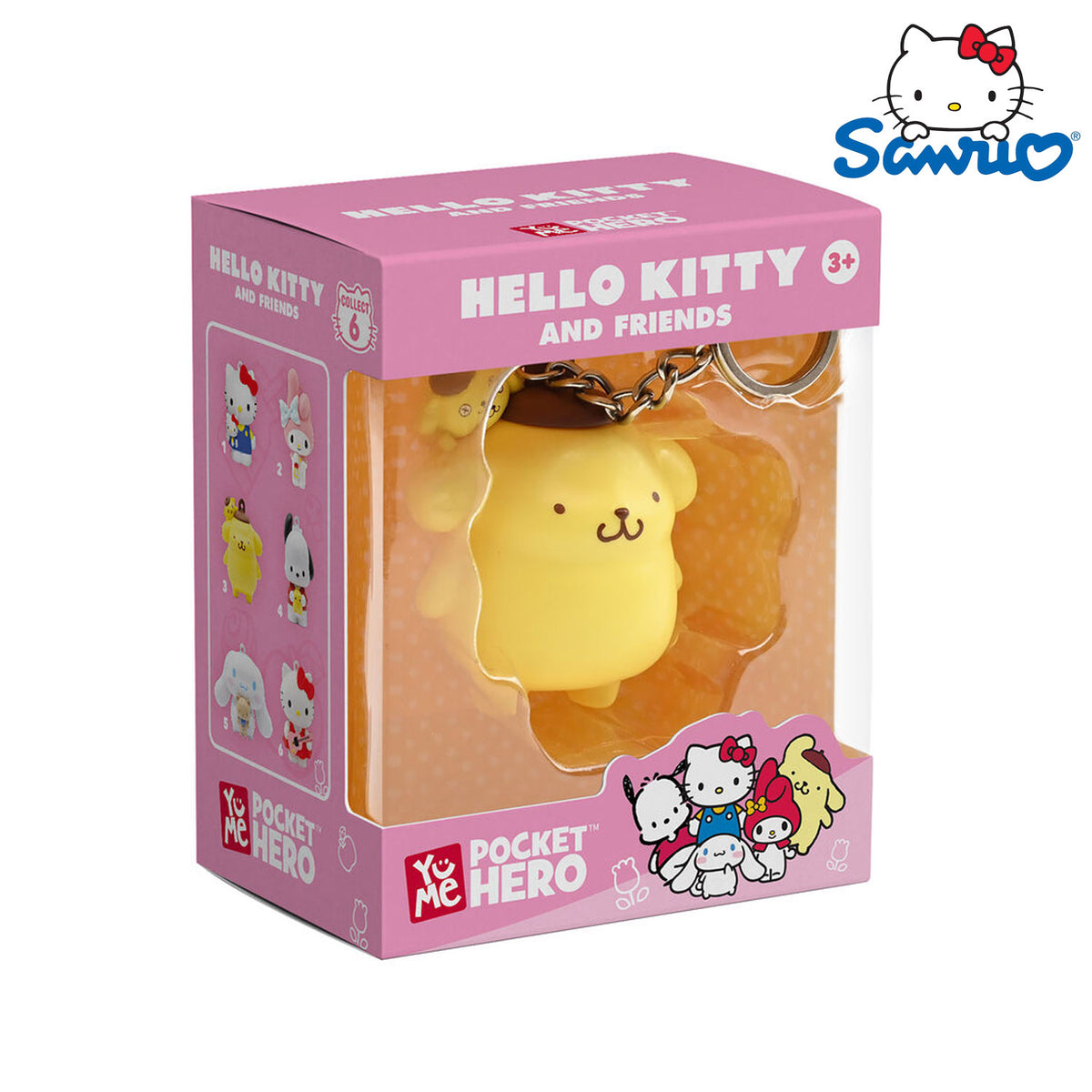 Der YuMe Toys Sanrio Hello Kitty and Friends Pocket Hero Keychain/Anhänger Figur in der Pompompurin Variation.