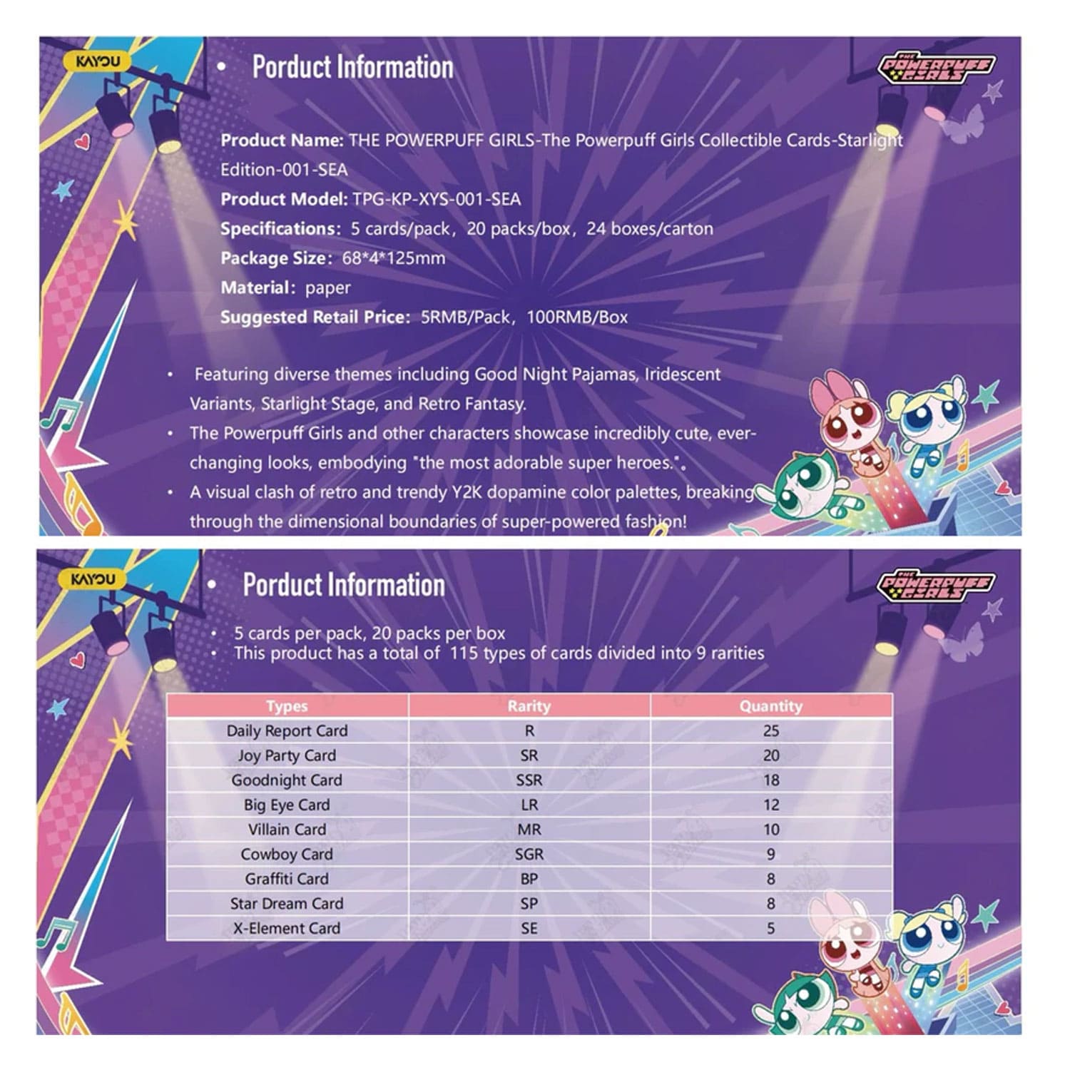 Das kayou-Powerpuff-Girls-Collectible-Cards-Display-Starlight-Edition mit Infos, 20 Packs mit 5 Karten pro Pack.
