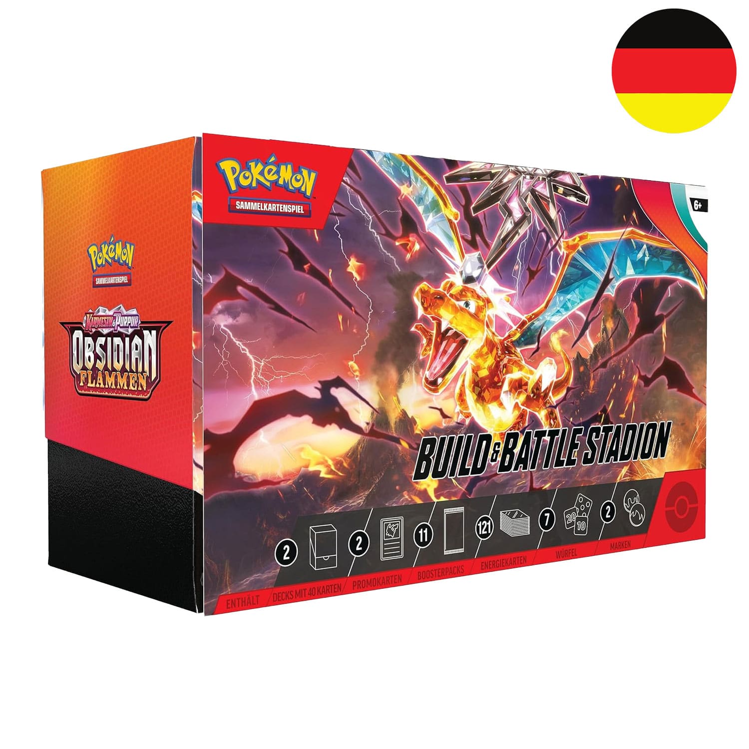 Das Pokemon Obsidian Flammen Battle Stadion in Deutsch mit Terakristallisierung Glurak darauf.