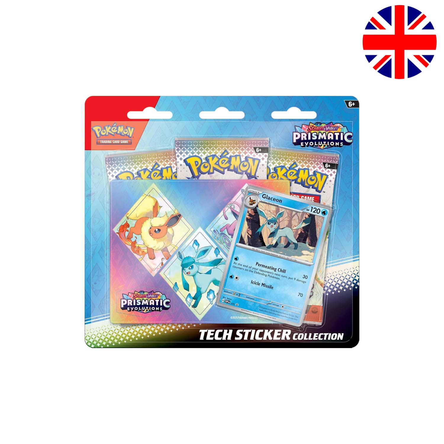 Englische Pokémon Tech Sticker Collection Prismatic Evolutions – Glaceon Variante.