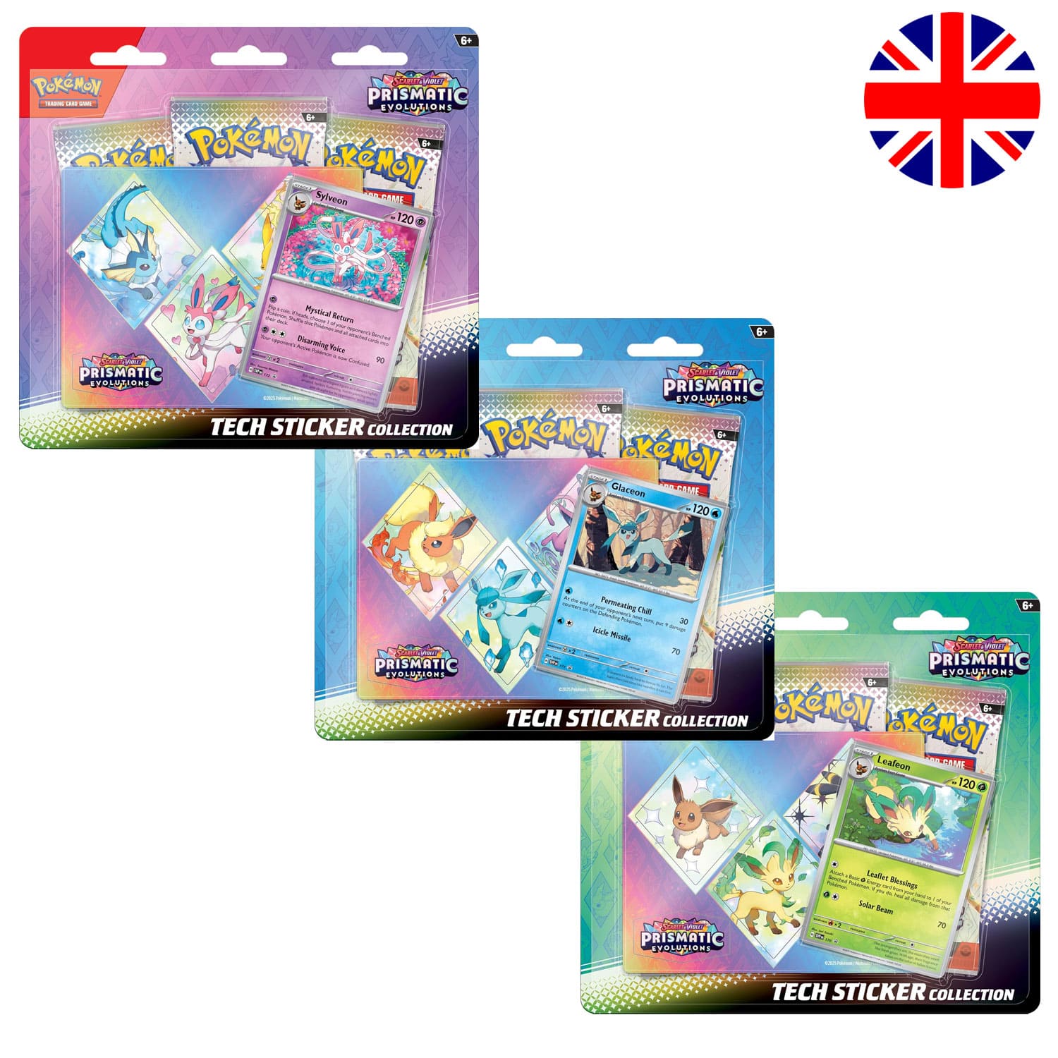 Alle drei Pokémon Tech Sticker Collection Prismatic Evolutions – Leafeon, Glaceon und Sylveon.