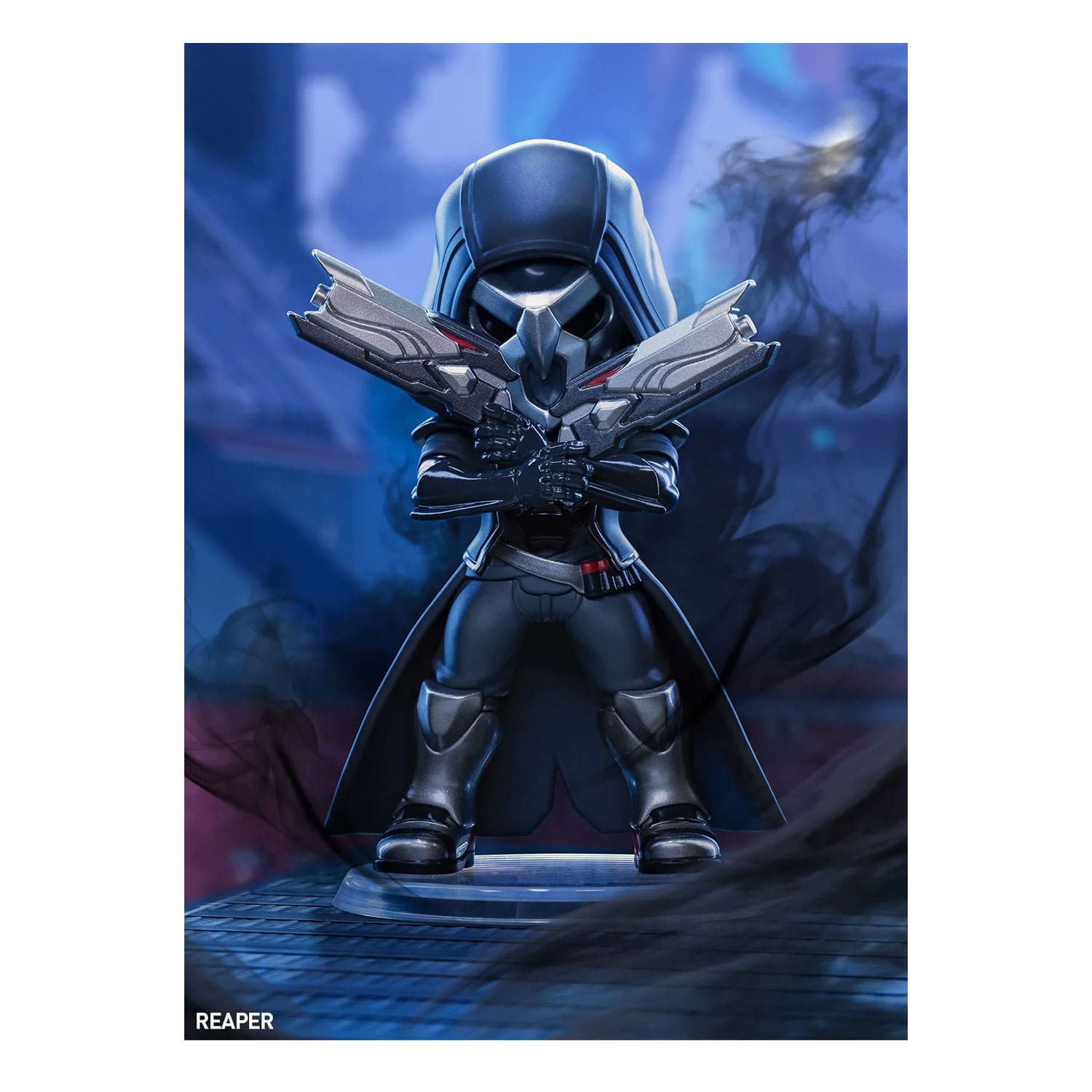 Die Blind Box POP MART Overwatch-Play-of-the-Game-Series Figurenbox mit der Figur Reaper mit Pose und Karte.