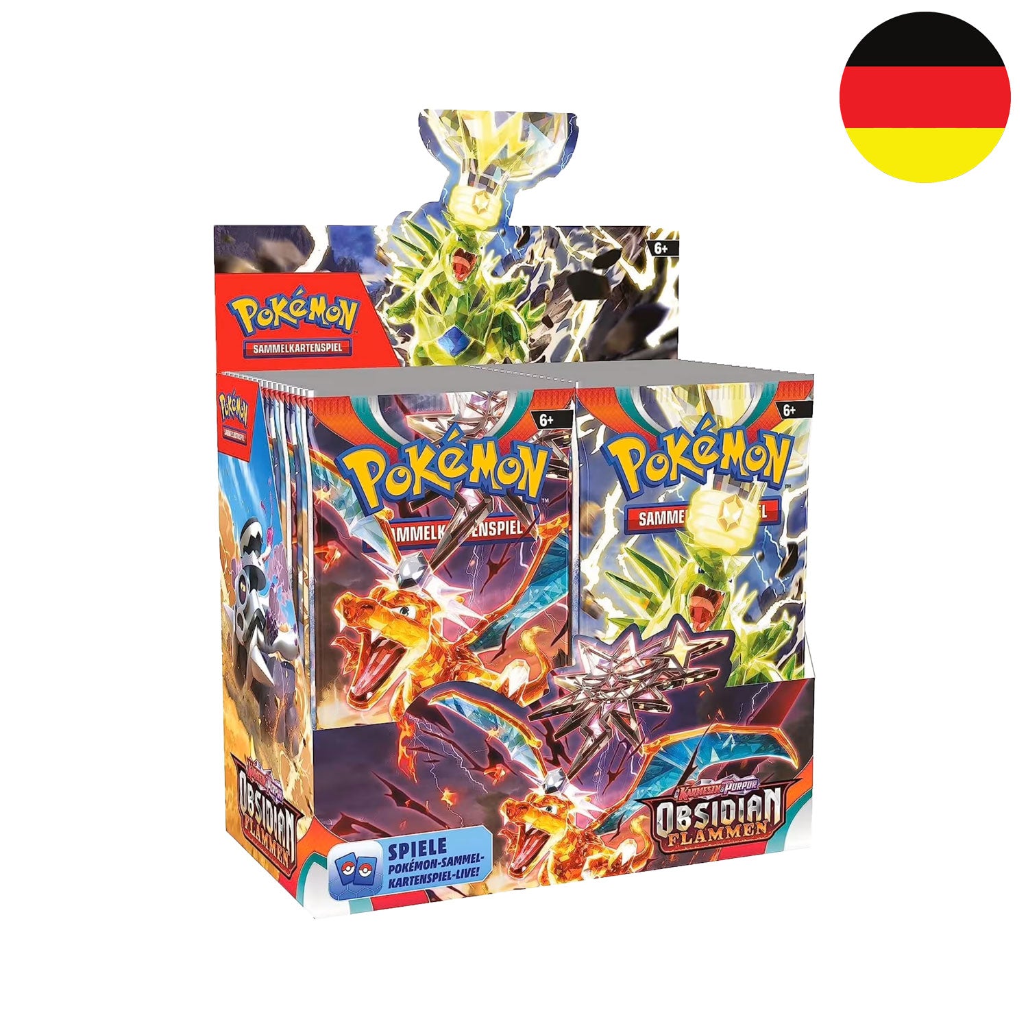 Das deutsche Pokemon Obisdian Flammes Display mit Terrakristall Pokemon aus Karmesin und Purpur.