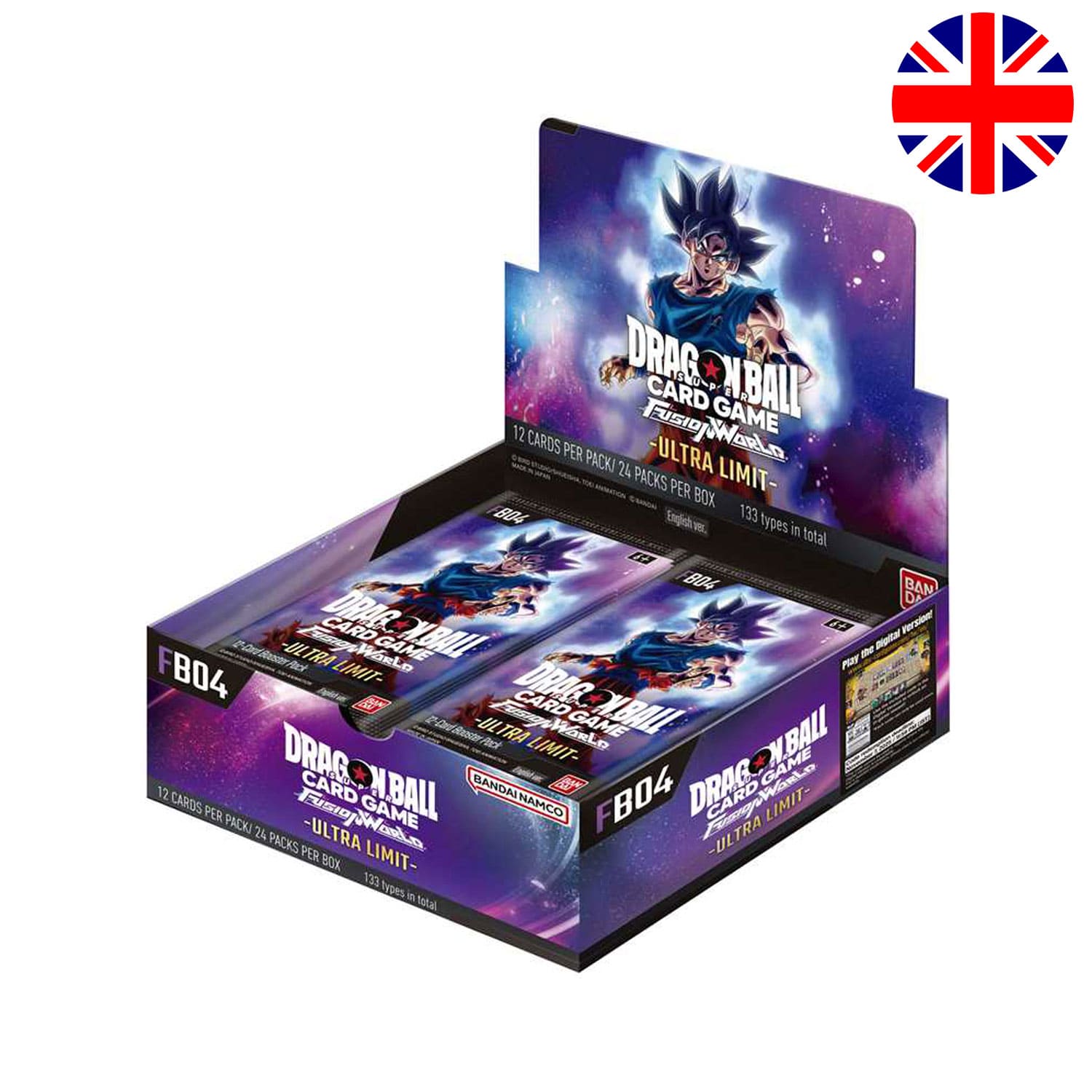 Das Dragon Ball Super Fusion Worlds Display Ultra Limit FB04 auf englisch mit Son Goku auf dem Cover & der Flagge Englands.