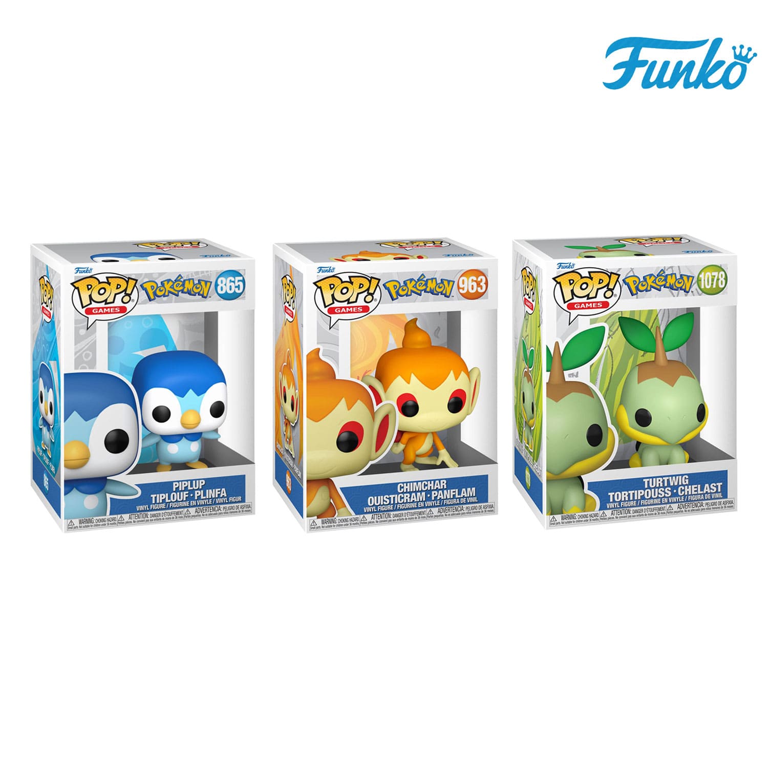 Die drei Pokémon Sinnoh Starter Piplup (865), Chimchar (963) und Turtwig (1078) aus dem Hause Funko POP! Games.