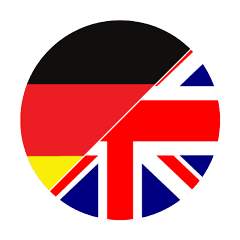 Zur Hälfte die Flagge Deutschlands und zur Hälfte die Flagge Englands, in einer Kreisform.