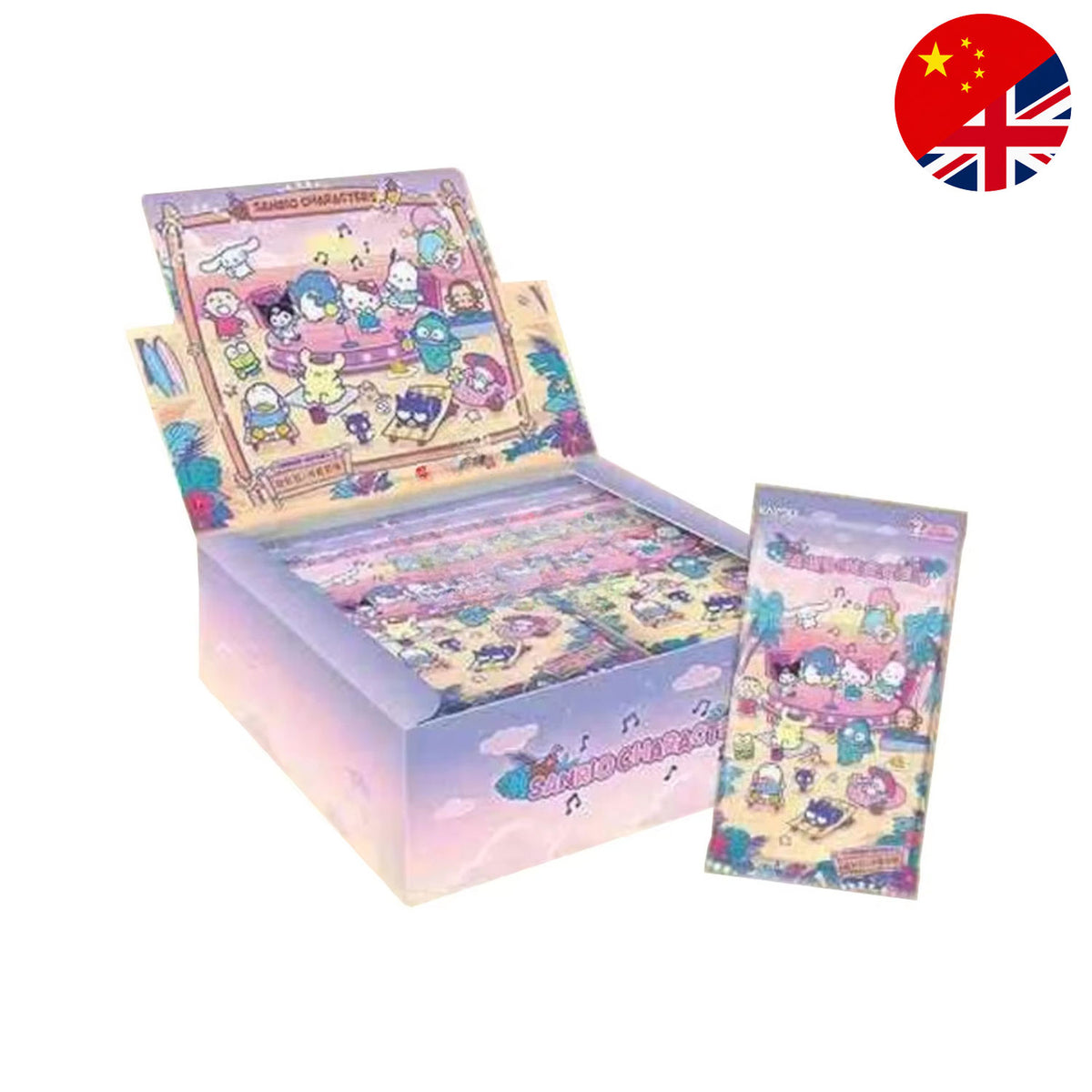 Kayou Sanrio Dreamy Collectible Cards Summer Adventure Wave 4 Display mit Hello Kitty, Kuromi und Cinnamoroll Karten.