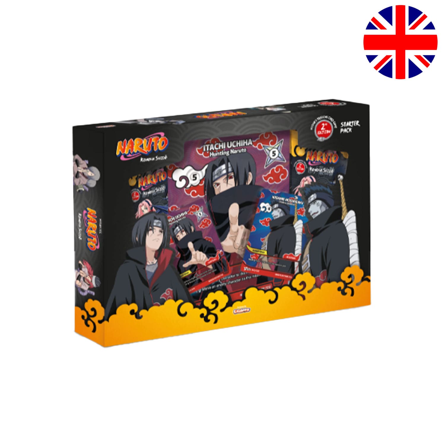 Naruto Mythos TCG Akatsuki Starterpack mit Itachi und Kisame aus dem Set 2nd Edition. Eine XXL Promokarte und 4 Boosters.