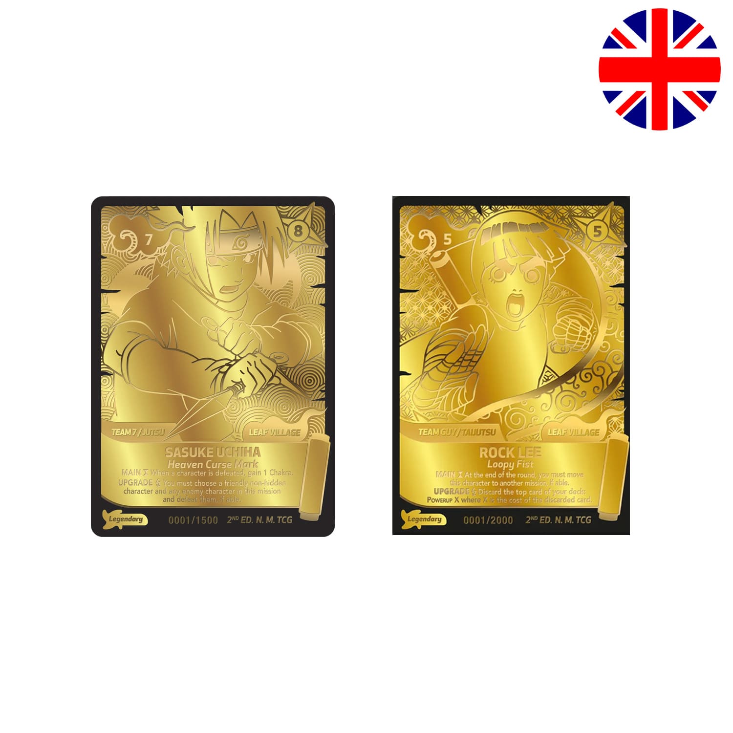Die Naruto Mythos TCG Konoha Shido 2nd Editon Goldkarten: Sasuke Uchiha 1500 weltweit und Rock Lee 2000 weltweit.